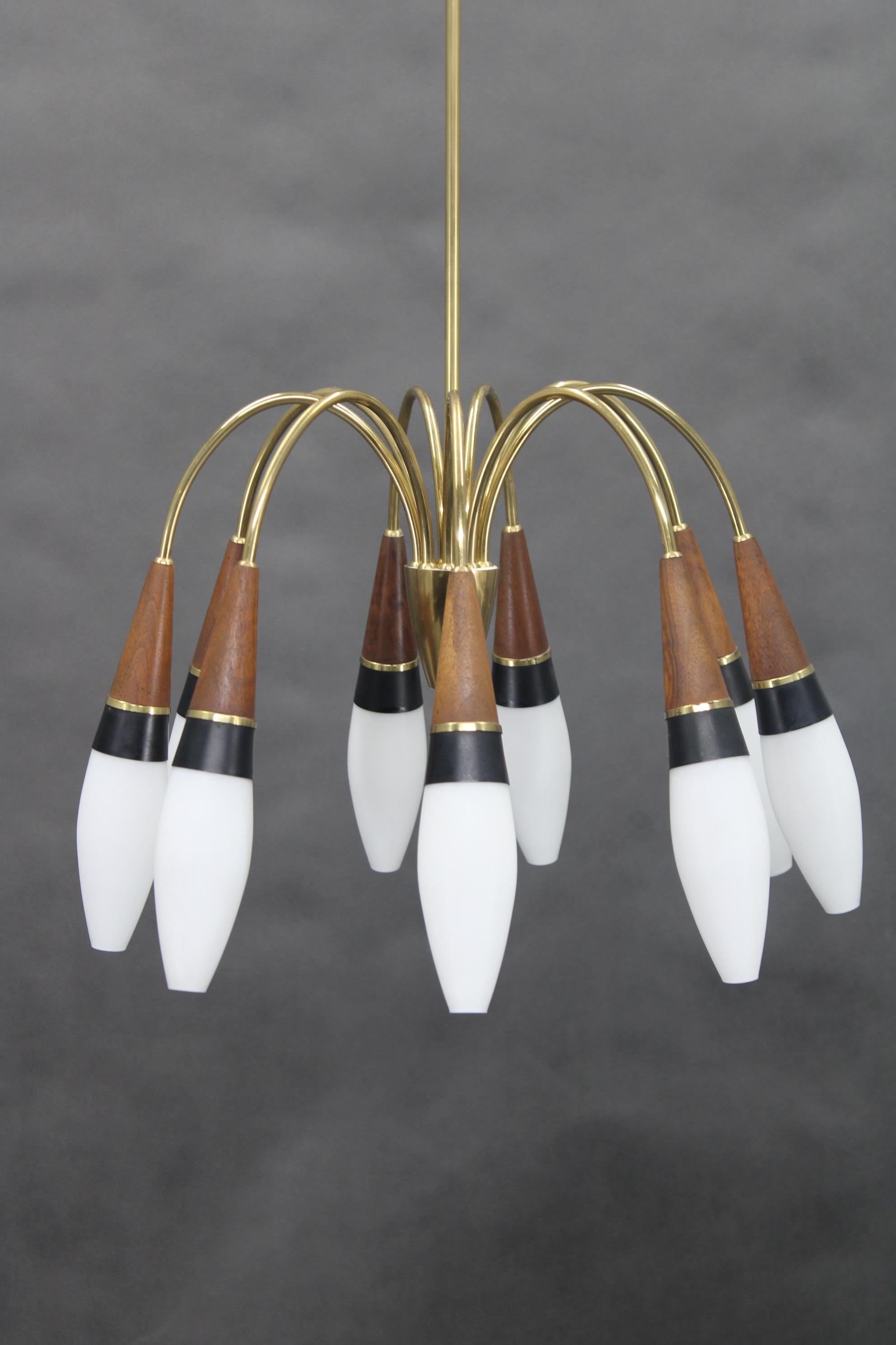 20th Century 1960s Rupert Nikoll Brass and Teak Opaline Glass Chandelier , Austria For Sale