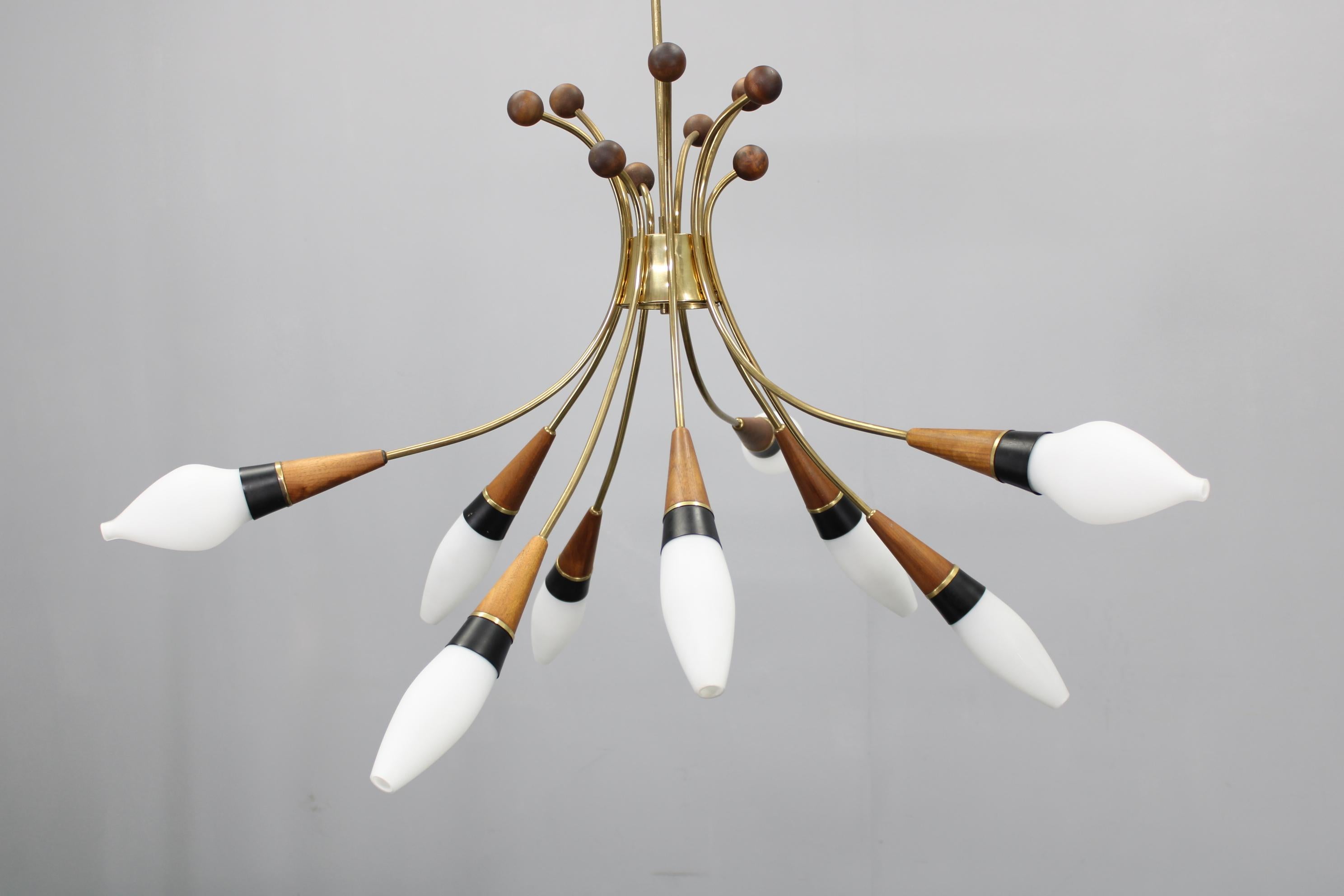 20th Century 1960s Rupert Nikoll Brass and Teak Opaline Glass Chandelier, Austria For Sale