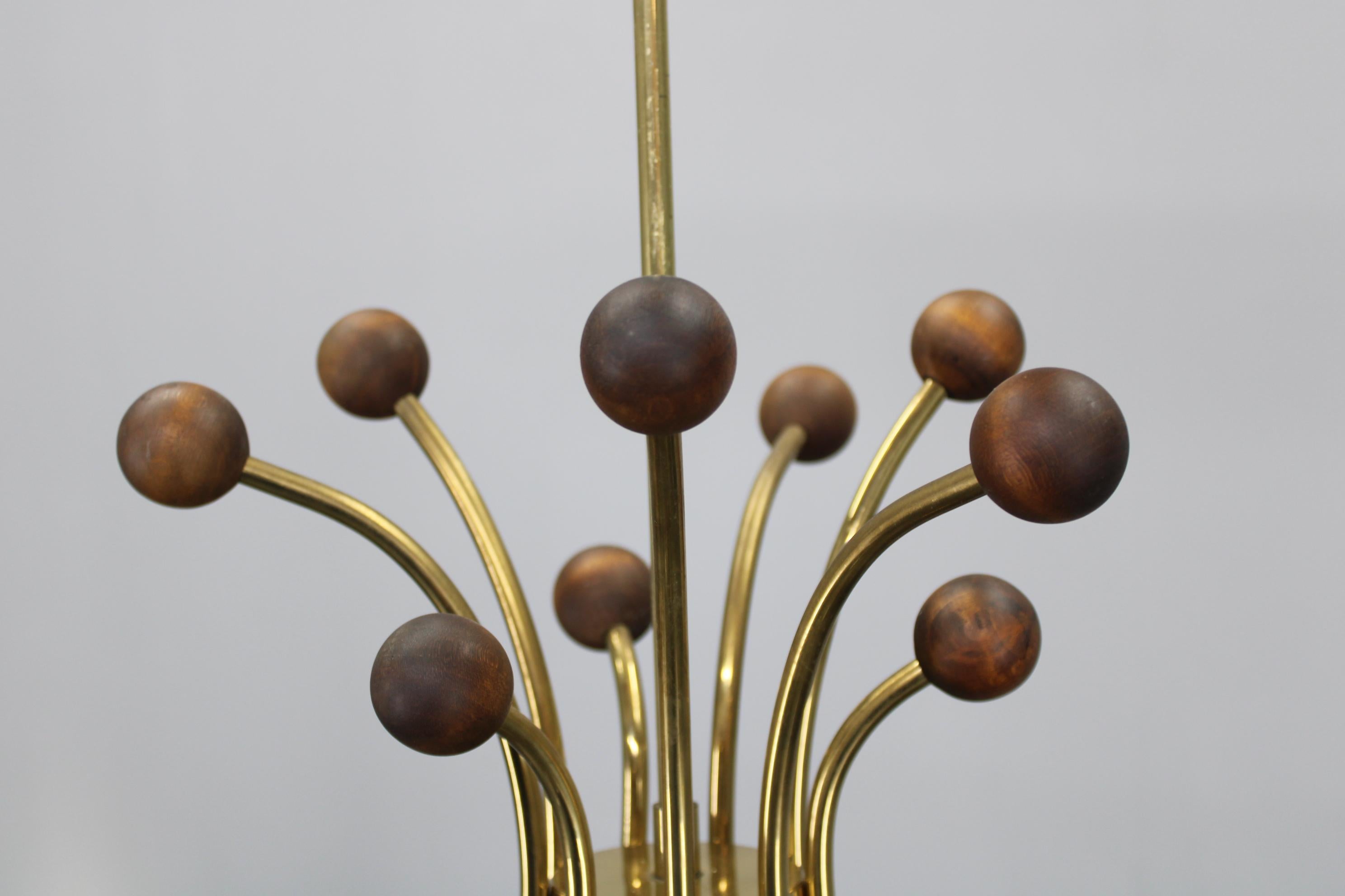 1960s Rupert Nikoll Brass and Teak Opaline Glass Chandelier, Austria For Sale 3