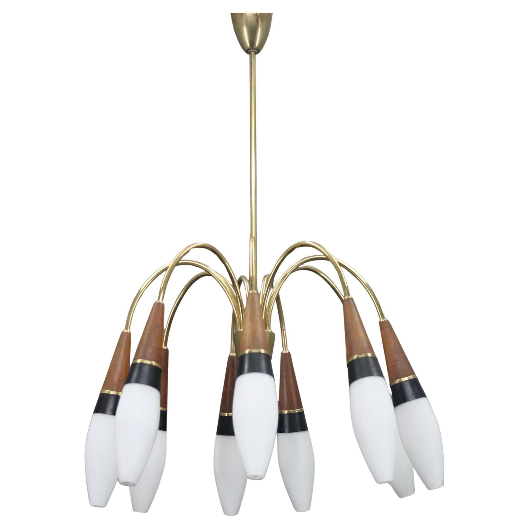 1960s Rupert Nikoll Brass and Teak Opaline Glass Chandelier , Austria