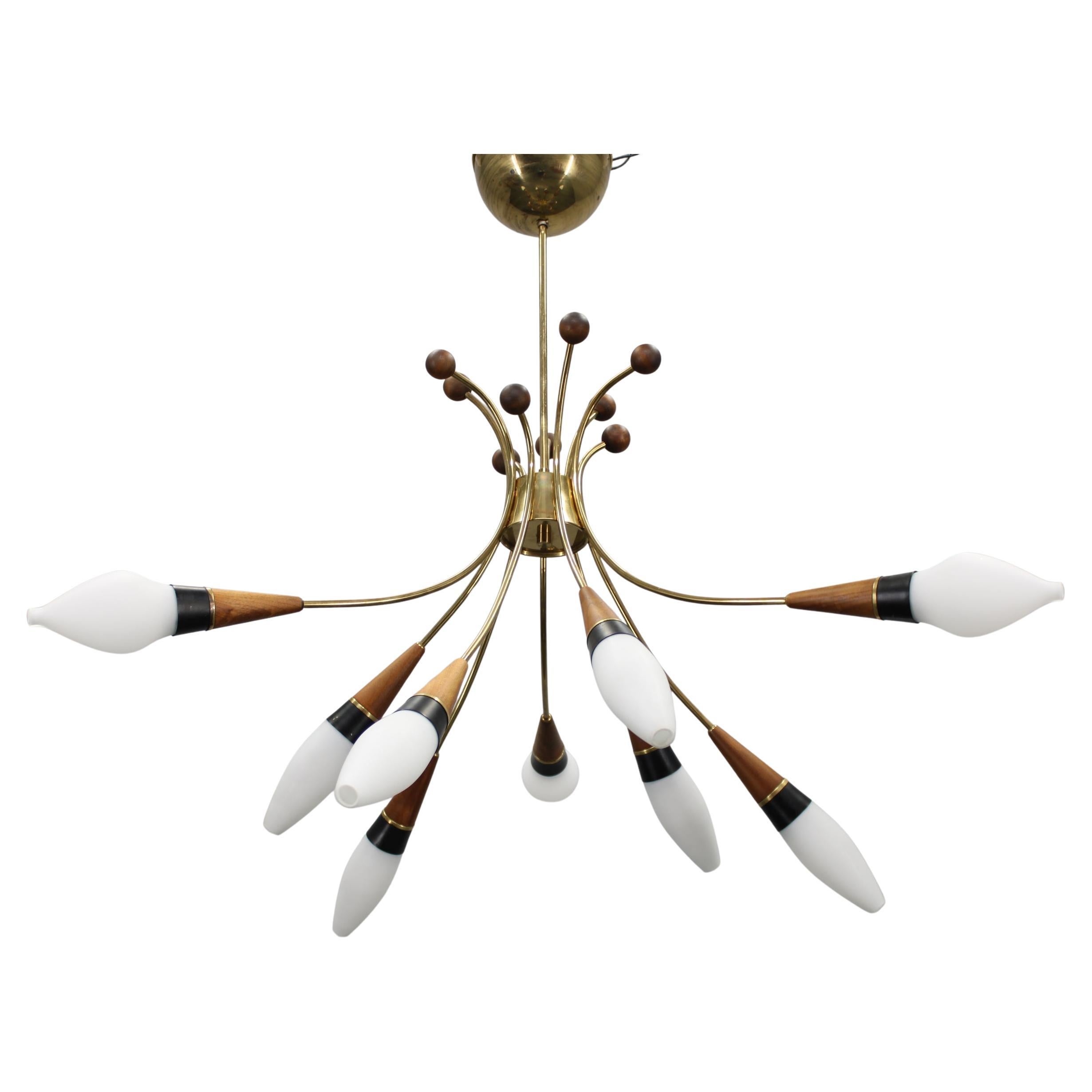1960s Rupert Nikoll Brass and Teak Opaline Glass Chandelier, Austria For Sale