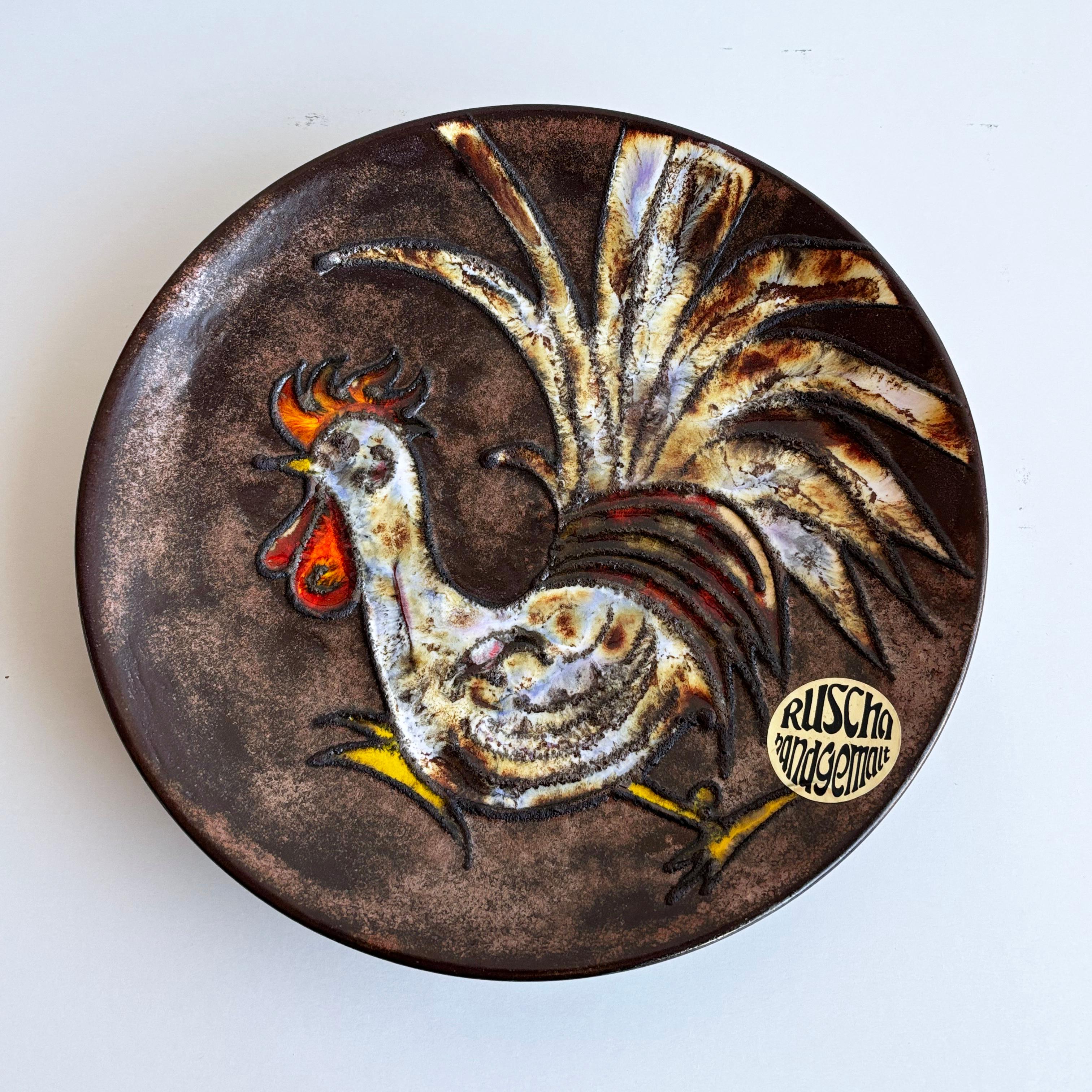 1960's Ruscha Keramik 'Hahn' Dekorative Wandteller im Zustand „Hervorragend“ im Angebot in Bern, CH