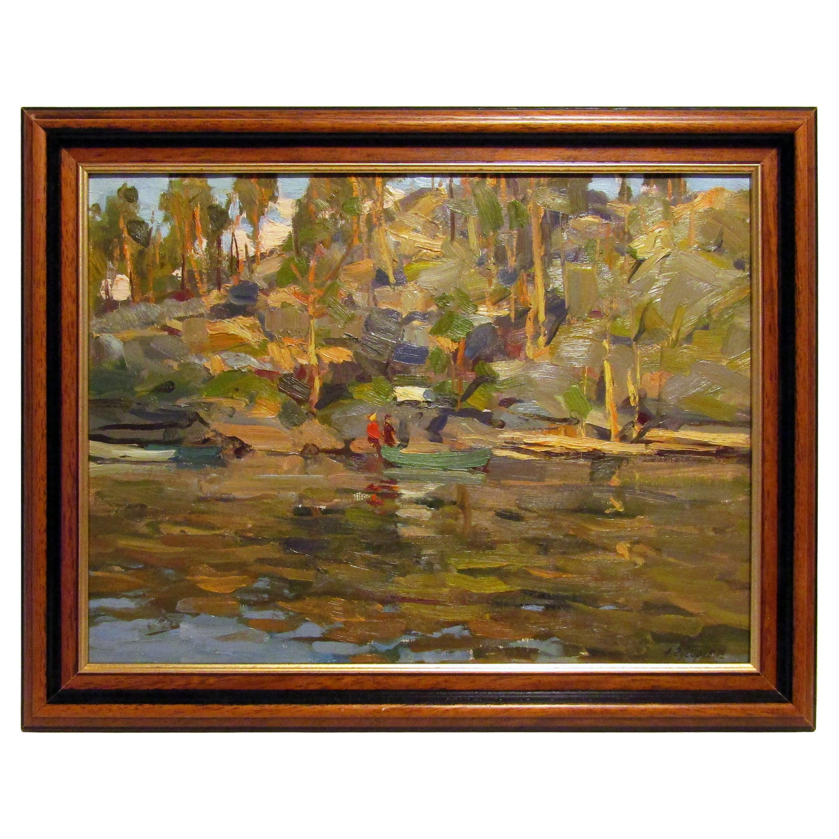 Peinture à l
huile impressionniste russe des années 1960 d
Aleksander Gusarevich "Fishing Day" (Journée de pêche) en vente