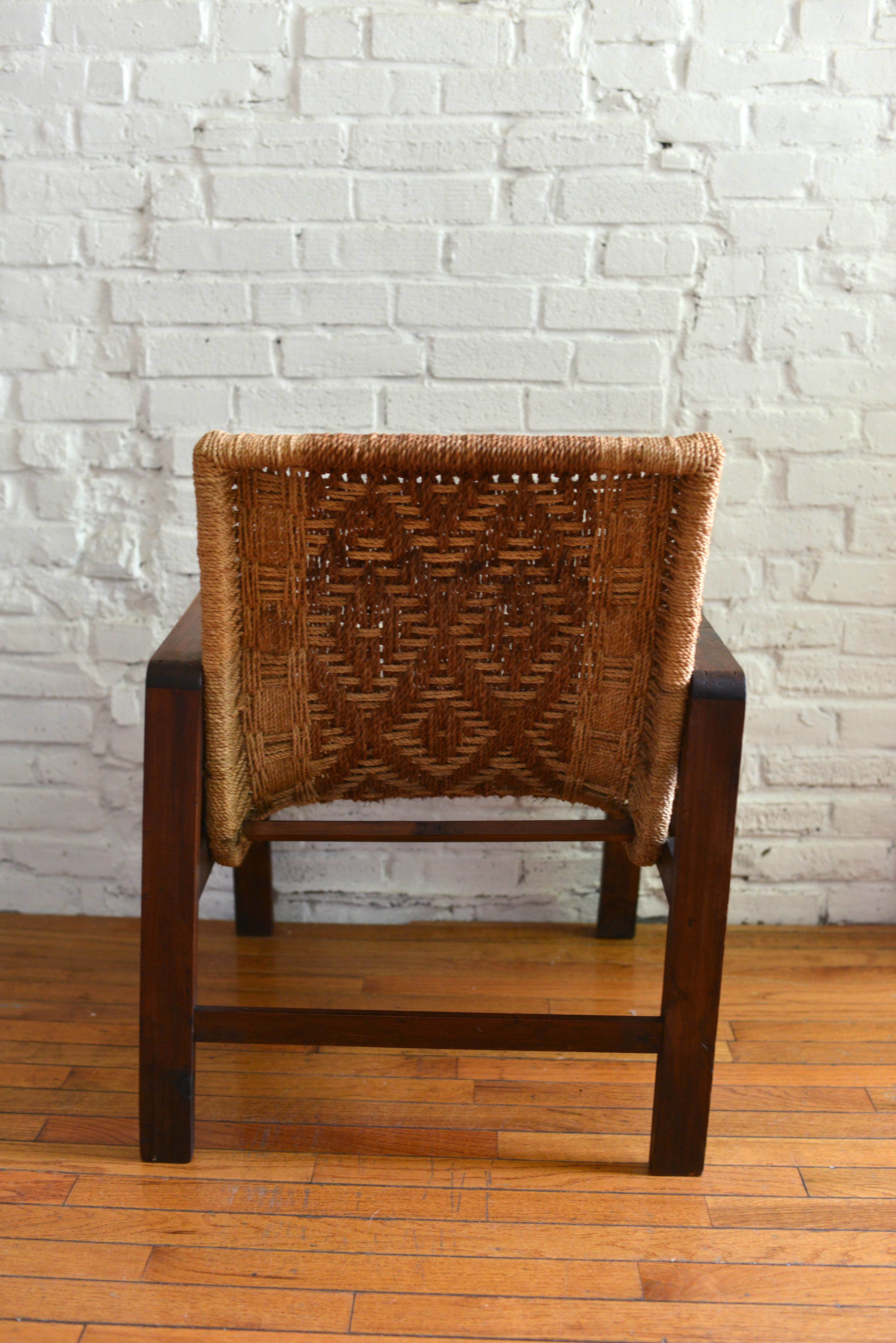 1960s Rustic Pine And Rush Spanish-Inspired Lounge Chair In Fair Condition In Brooklyn, NY