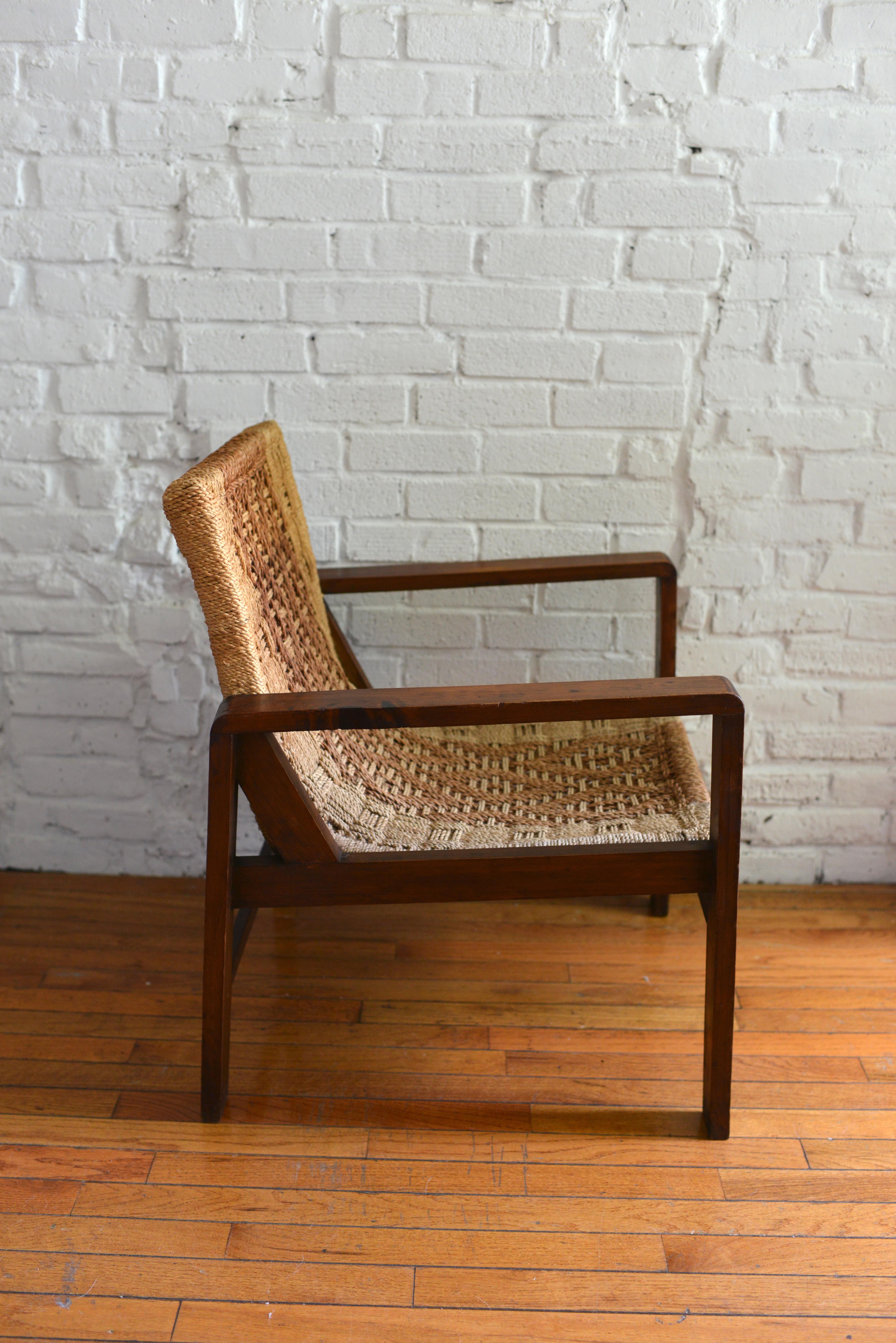 Mid-20th Century 1960s Rustic Pine And Rush Spanish-Inspired Lounge Chair