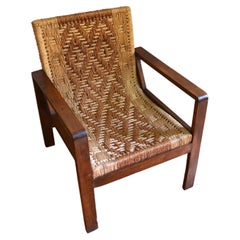 Vintage 1960s Rustic Pine And Rush Spanish-Inspired Lounge Chair
