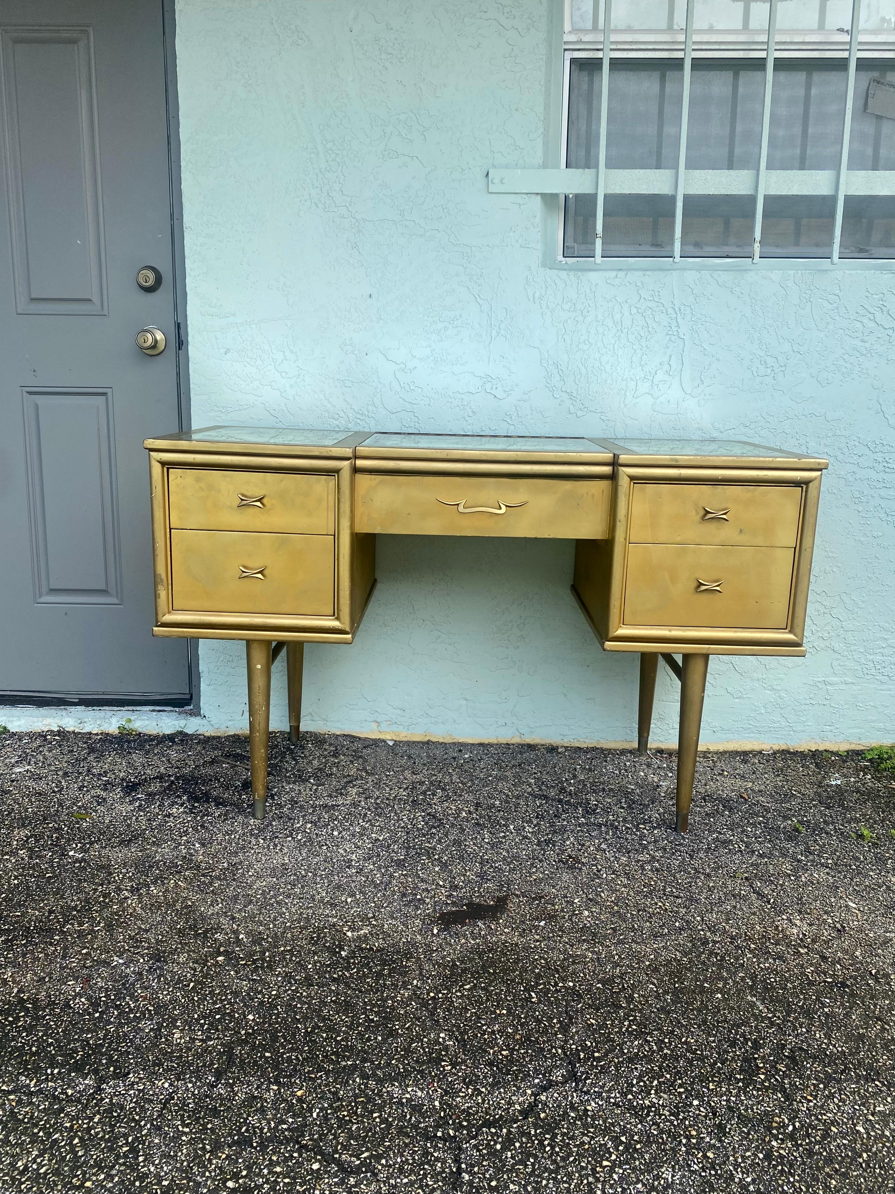 Mid-Century Modern 1960s Rway Gold Painted Mirrored Top Vanity Desk  For Sale
