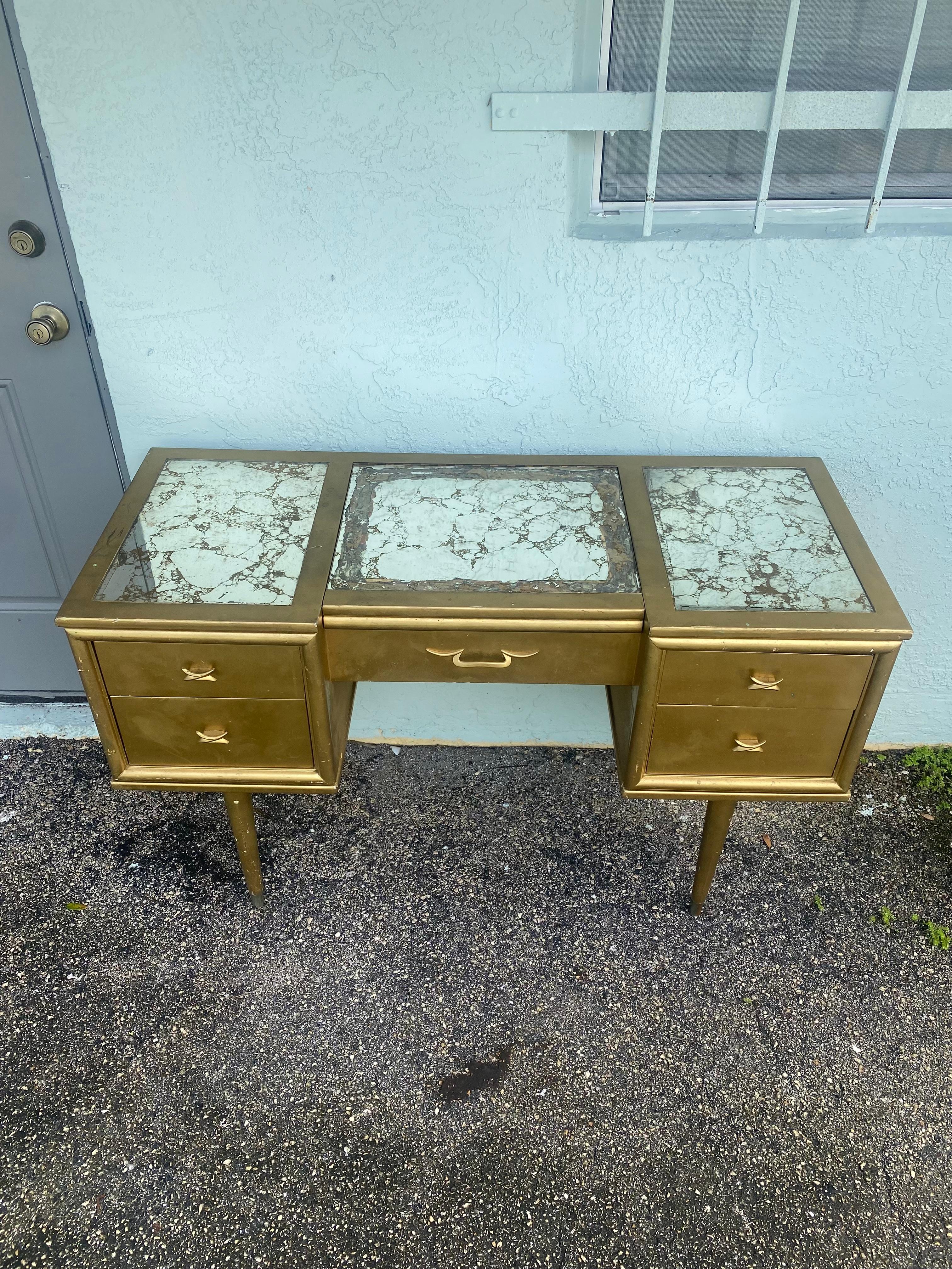American 1960s Rway Gold Painted Mirrored Top Vanity Desk  For Sale