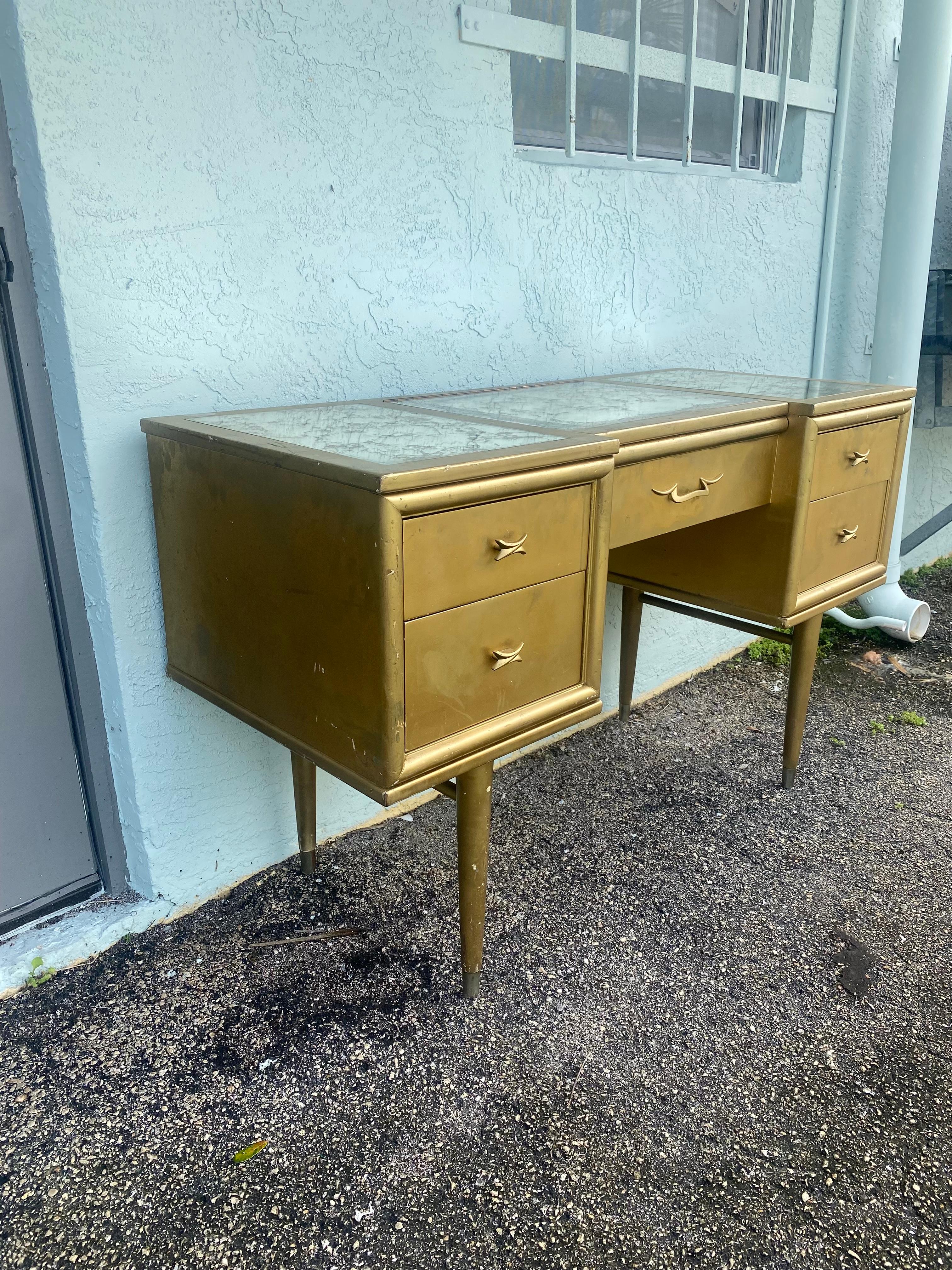 Mid-20th Century 1960s Rway Gold Painted Mirrored Top Vanity Desk  For Sale