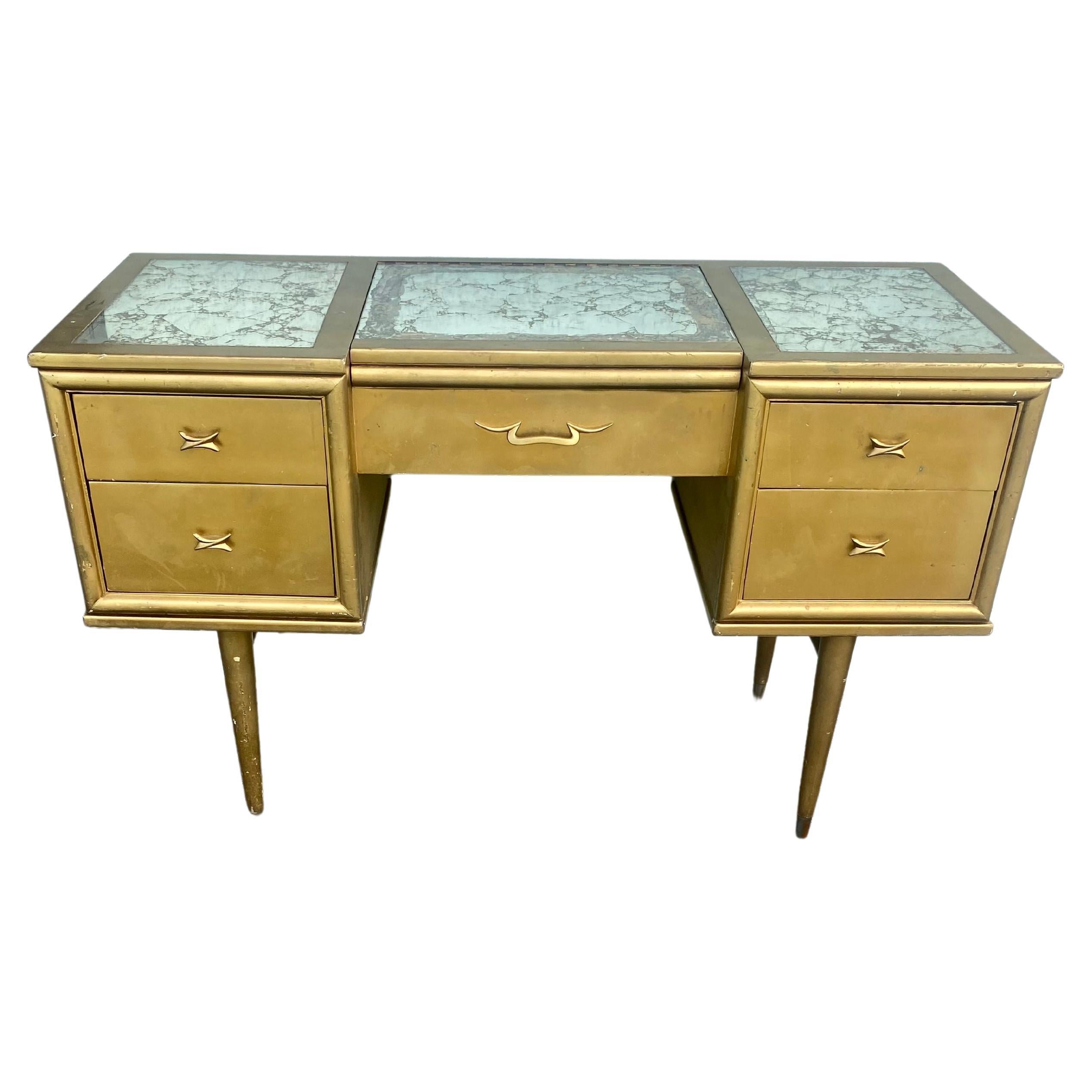 1960s Rway Gold Painted Mirrored Top Vanity Desk  For Sale