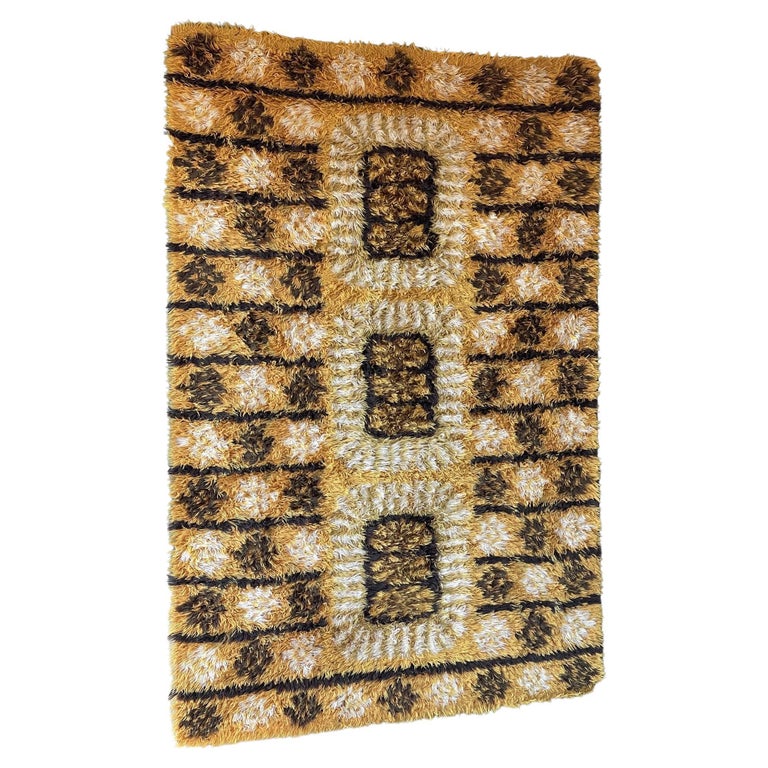 Kalevala Rya Rug 1960s Rya Rug from Sweden in Brown, Yellow and White Tones For Sale at ...