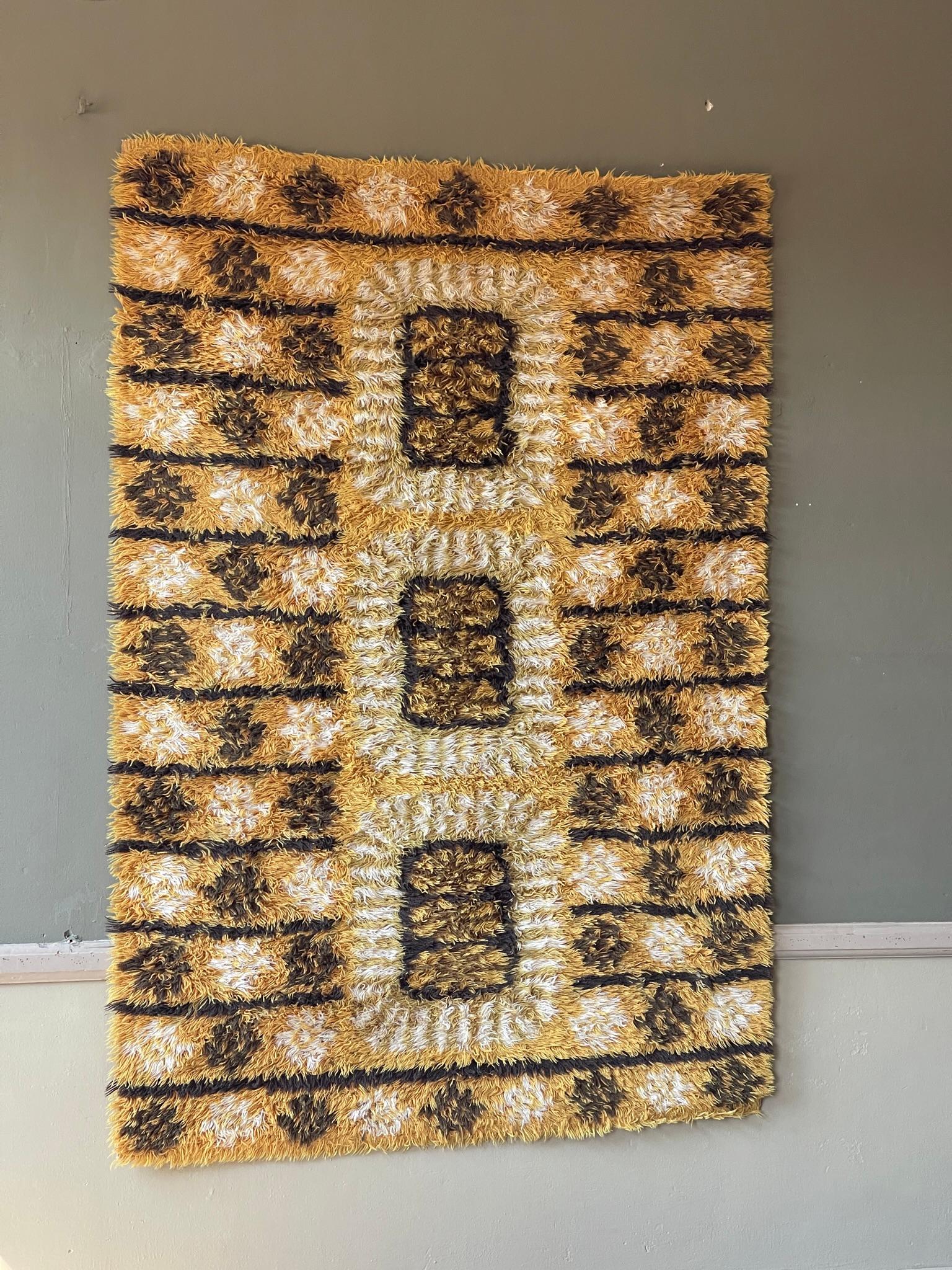 Swedish 1960s Rya Rug from Sweden in Brown, Yellow and White Tones For Sale