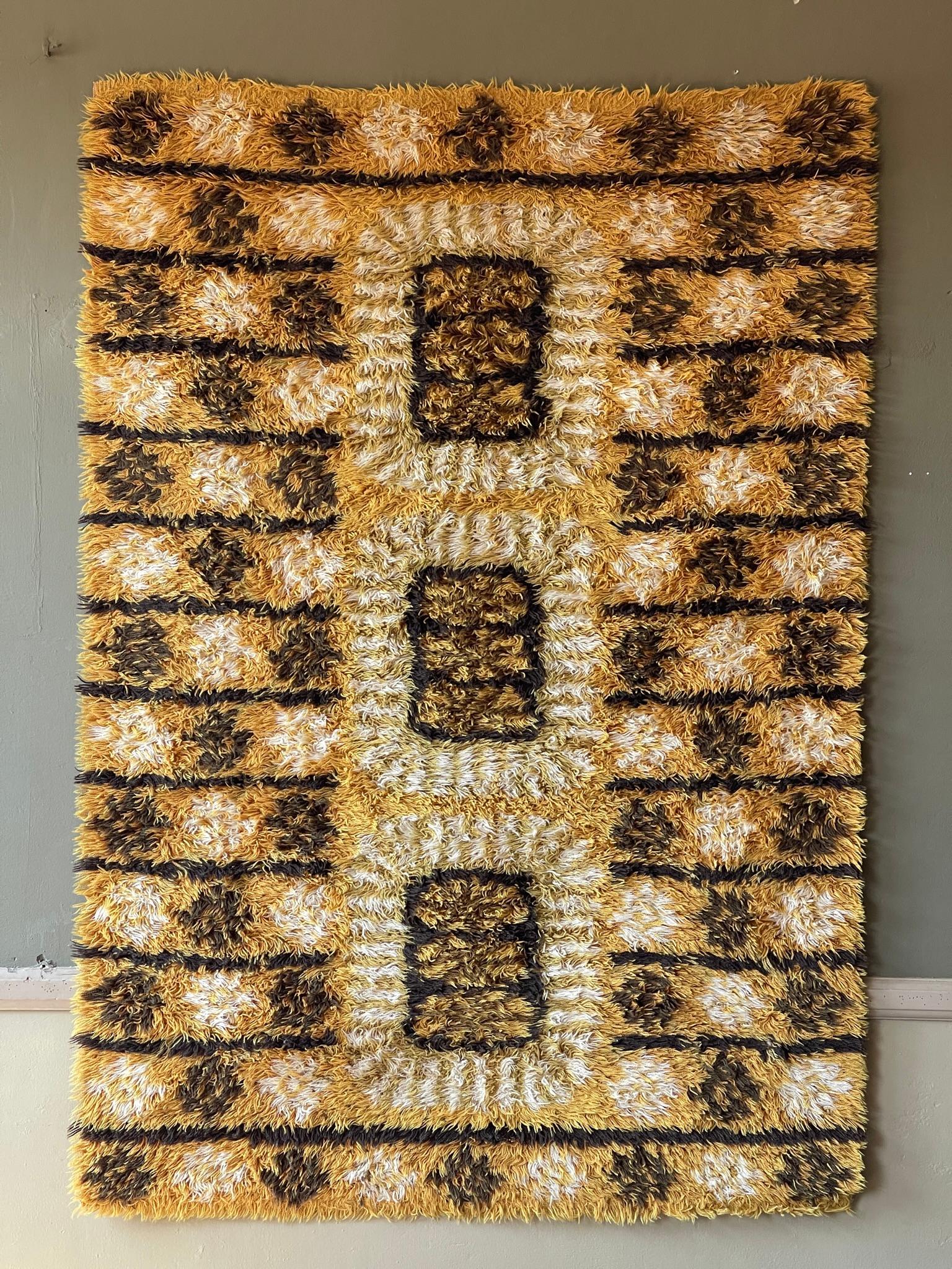 Woven 1960s Rya Rug from Sweden in Brown, Yellow and White Tones For Sale