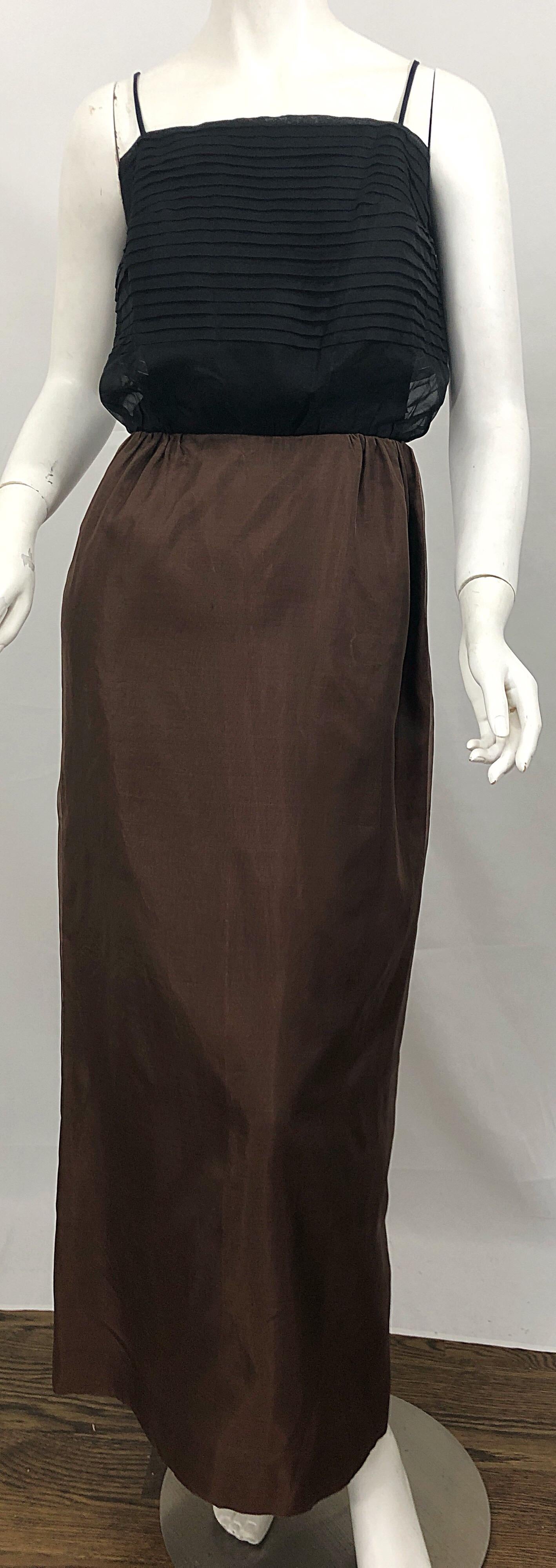 1960s S. Howard Hirsh Chocolate Brown + Black Silk Chiffon Vintage 60s Gown For Sale 6