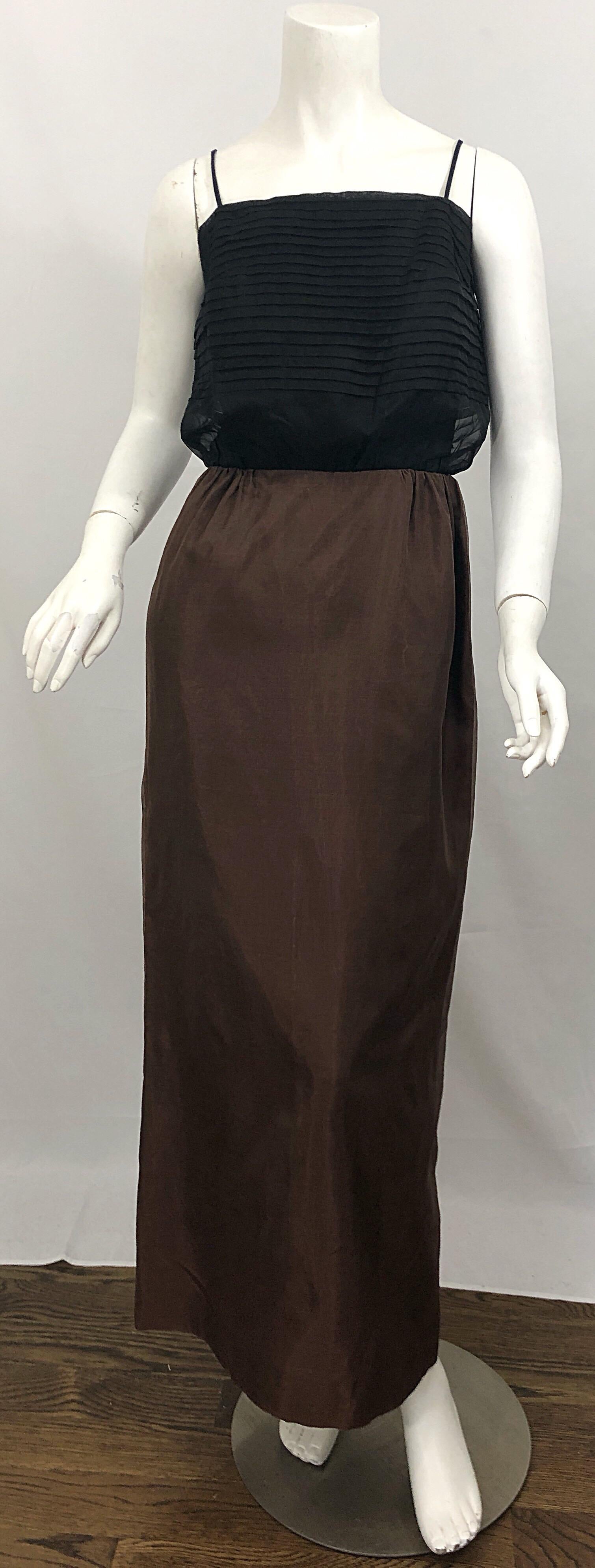 1960s S. Howard Hirsh Chocolate Brown + Black Silk Chiffon Vintage 60s Gown For Sale 8