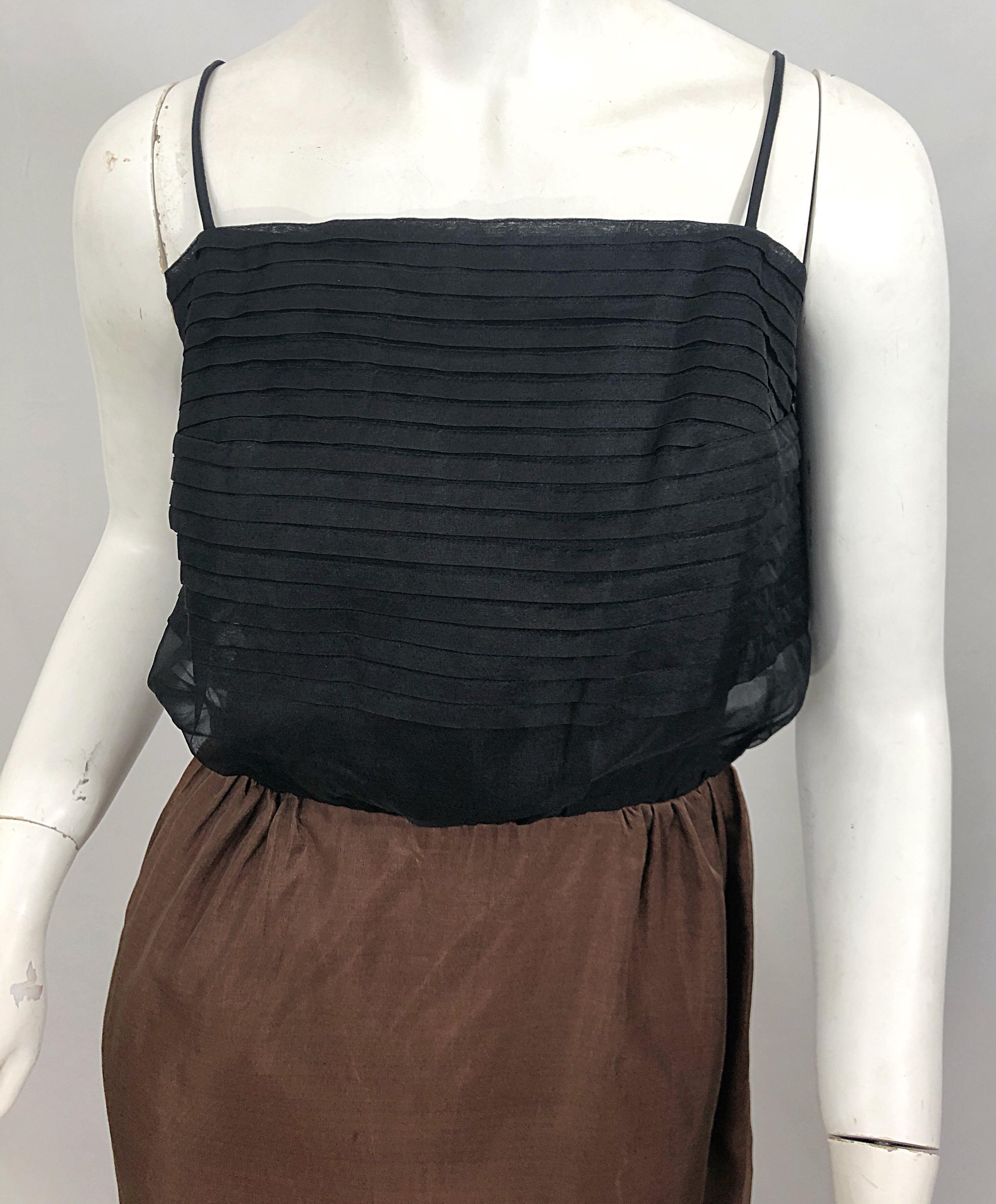 1960s S. Howard Hirsh Chocolate Brown + Black Silk Chiffon Vintage 60s Gown In Excellent Condition For Sale In San Diego, CA