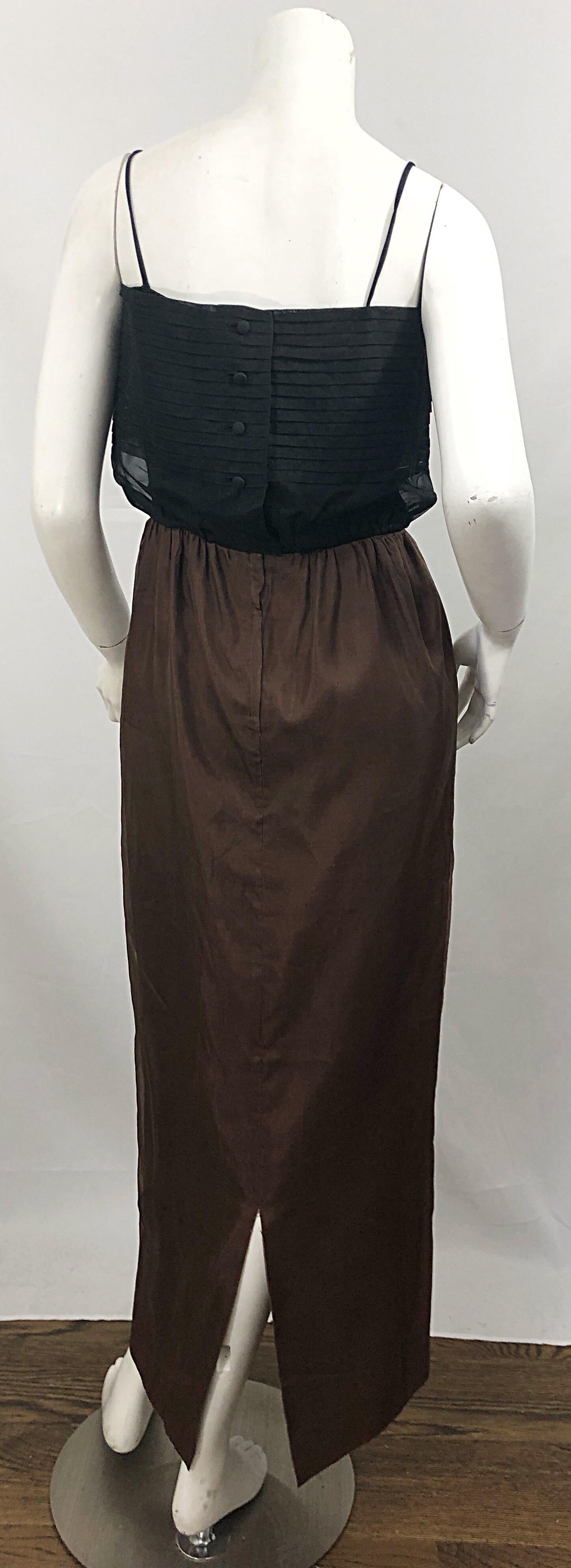 1960er Jahre S. Howard Hirsh Schokoladenbraun + Schwarz Seide Chiffon Vintage 60er Jahre Kleid Damen im Angebot