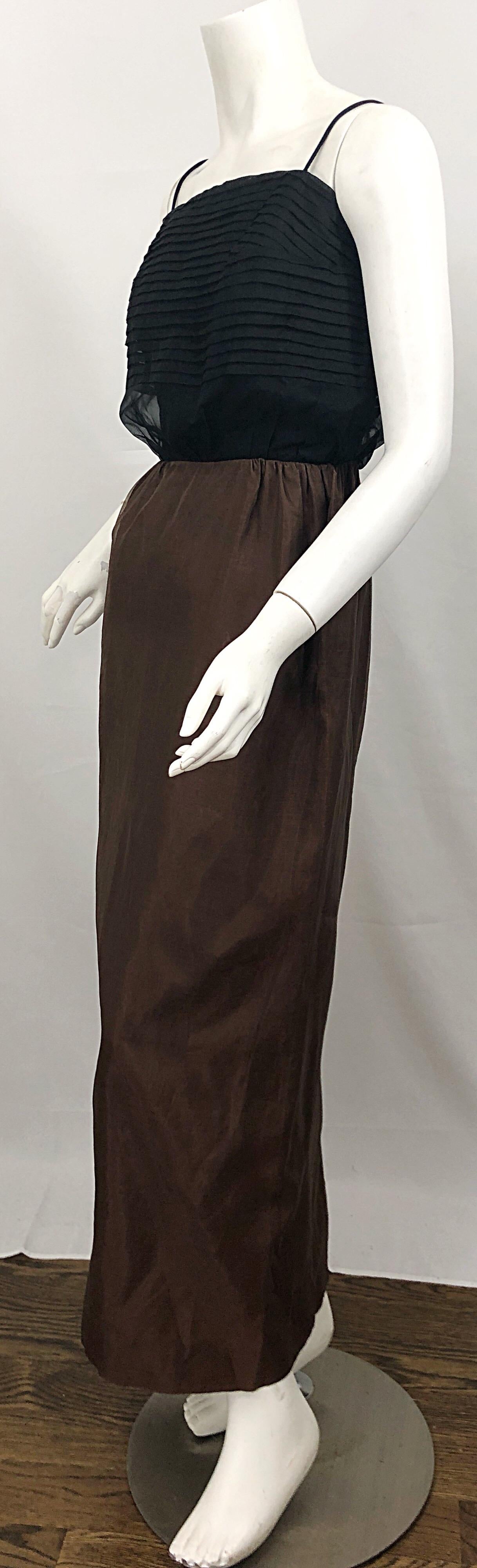 1960s S. Howard Hirsh Chocolate Brown + Black Silk Chiffon Vintage 60s Gown For Sale 2