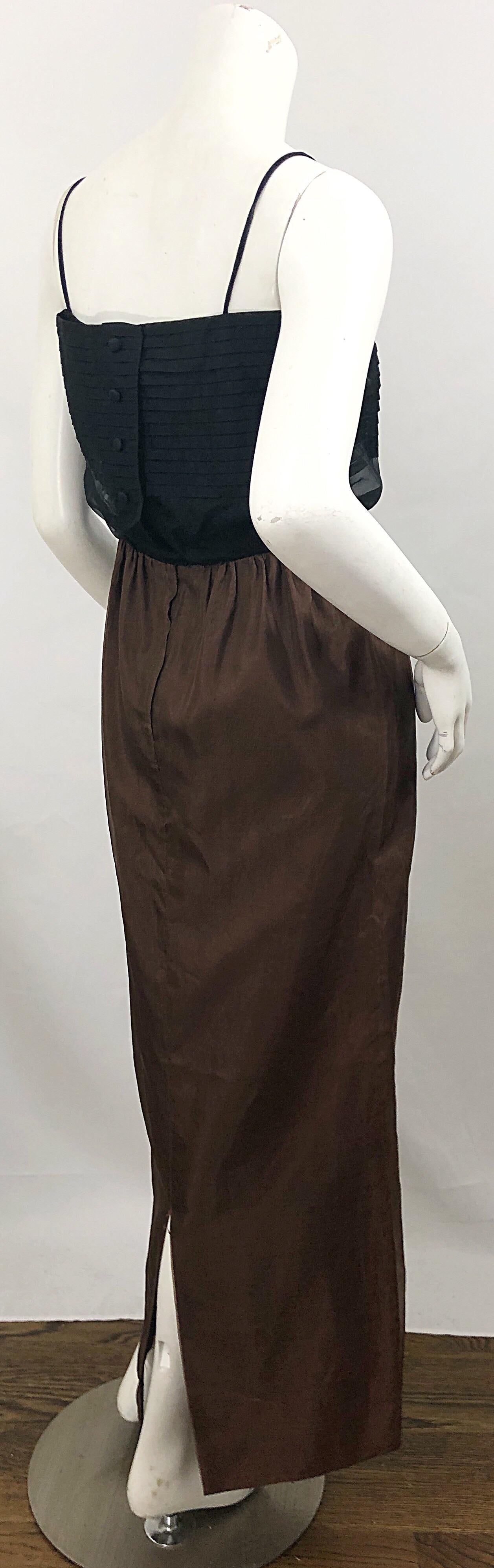 1960s S. Howard Hirsh Chocolate Brown + Black Silk Chiffon Vintage 60s Gown For Sale 3