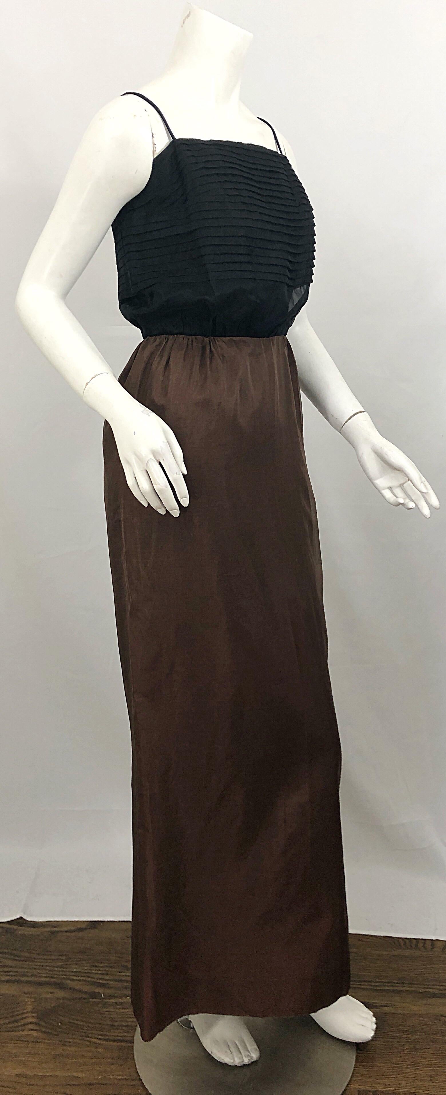 1960s S. Howard Hirsh Chocolate Brown + Black Silk Chiffon Vintage 60s Gown For Sale 4