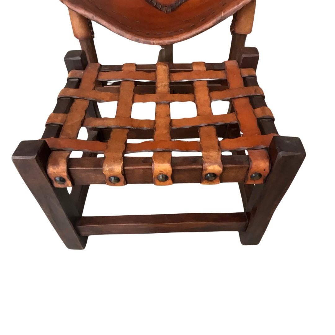 Mid-Century Modern 1960s Saddle Leather & Wood Lounge Chair with Ottoman