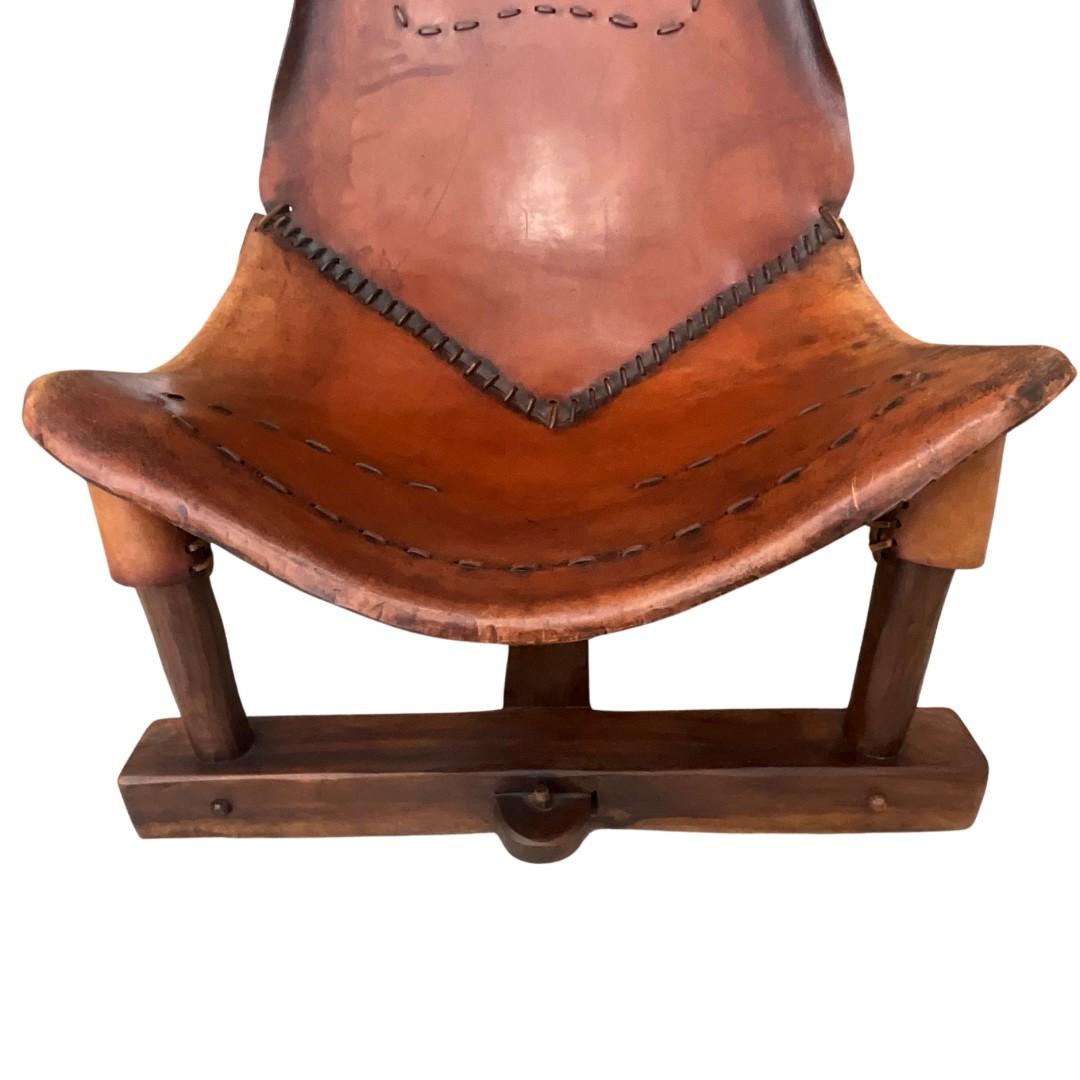 Woodwork 1960s Saddle Leather & Wood Lounge Chair with Ottoman