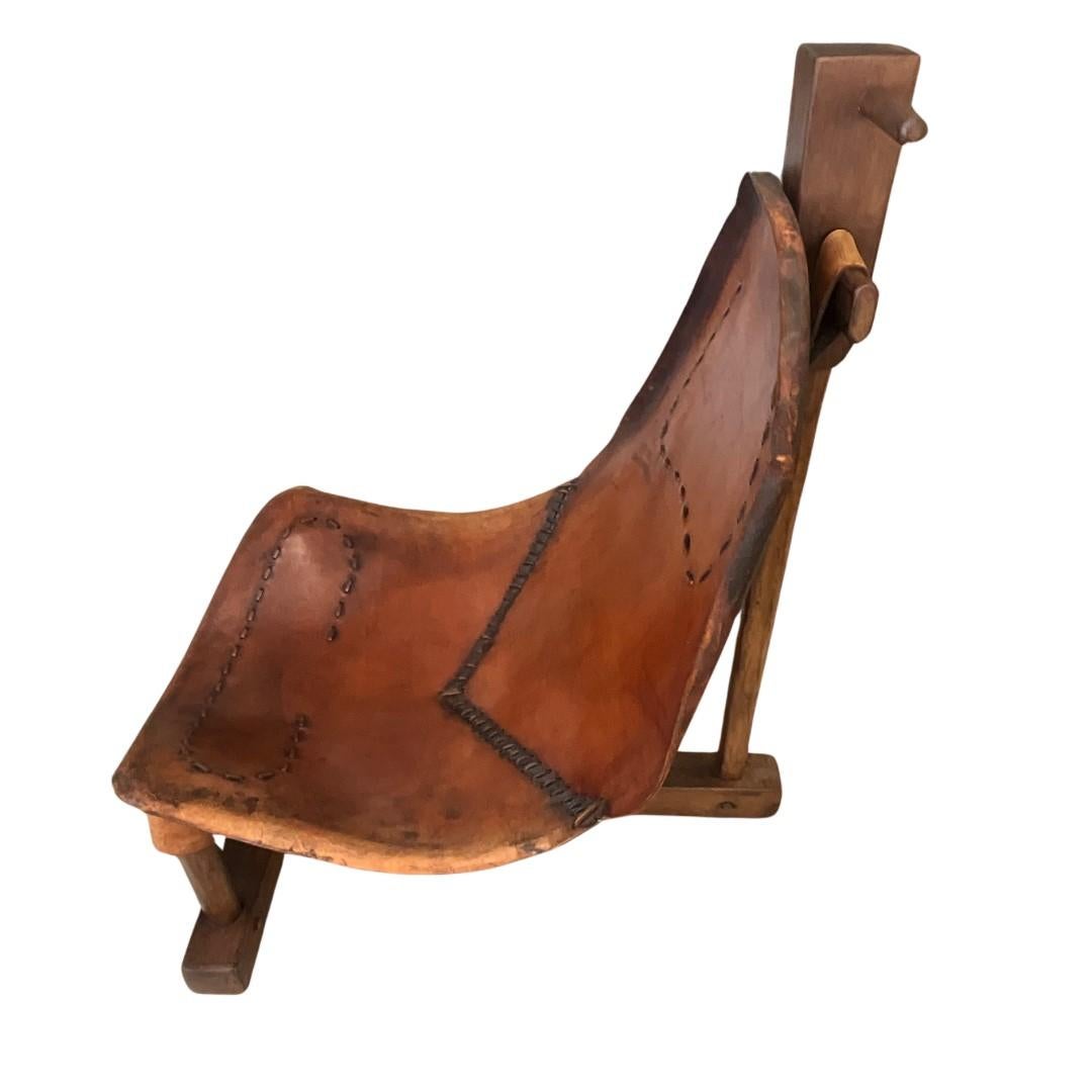 Mid-20th Century 1960s Saddle Leather & Wood Lounge Chair with Ottoman