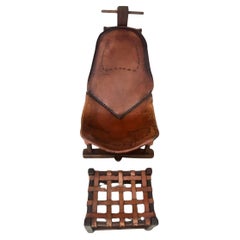 1960s Saddle Leather & Wood Lounge Chair with Ottoman