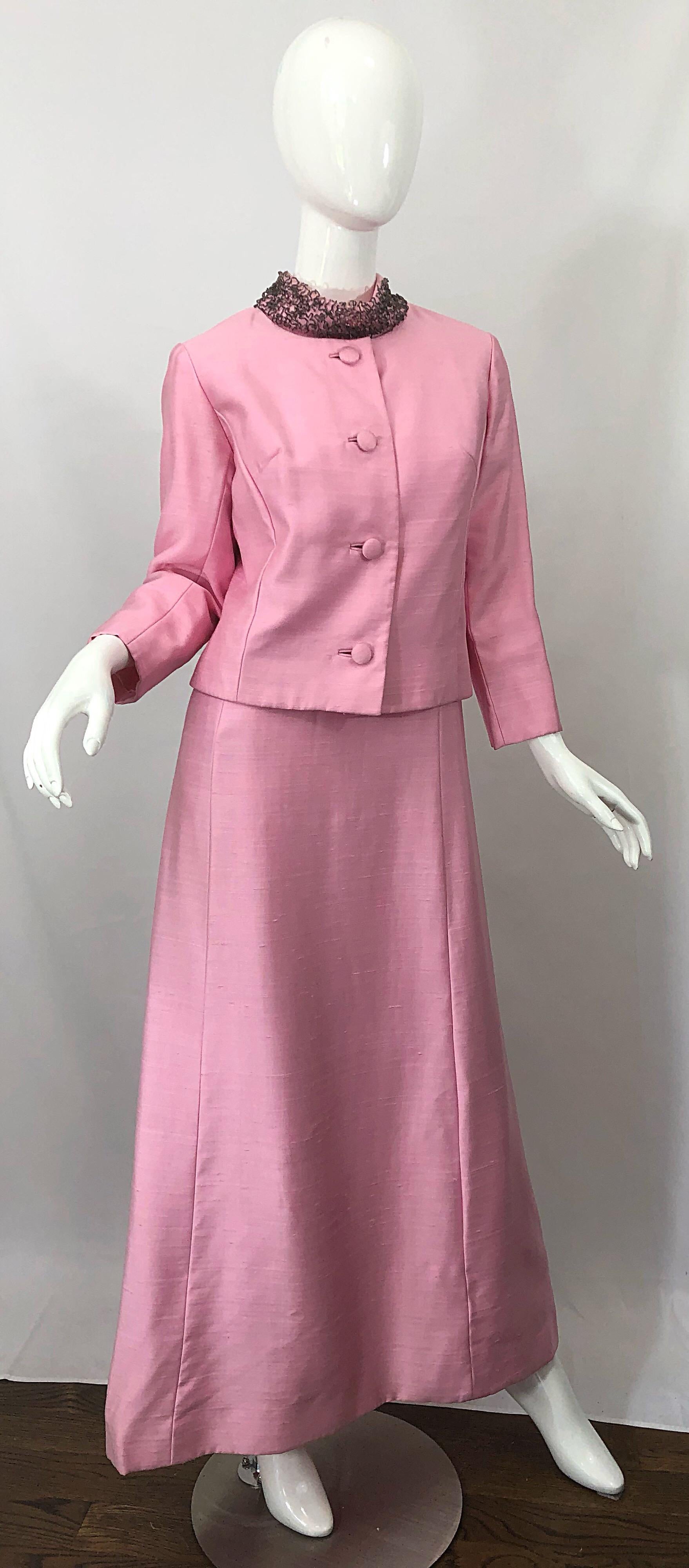 1960s Saks 5th Avenue Light Pink Silk Shantung Beaded Vintage 60s Gown + Jacket For Sale 3