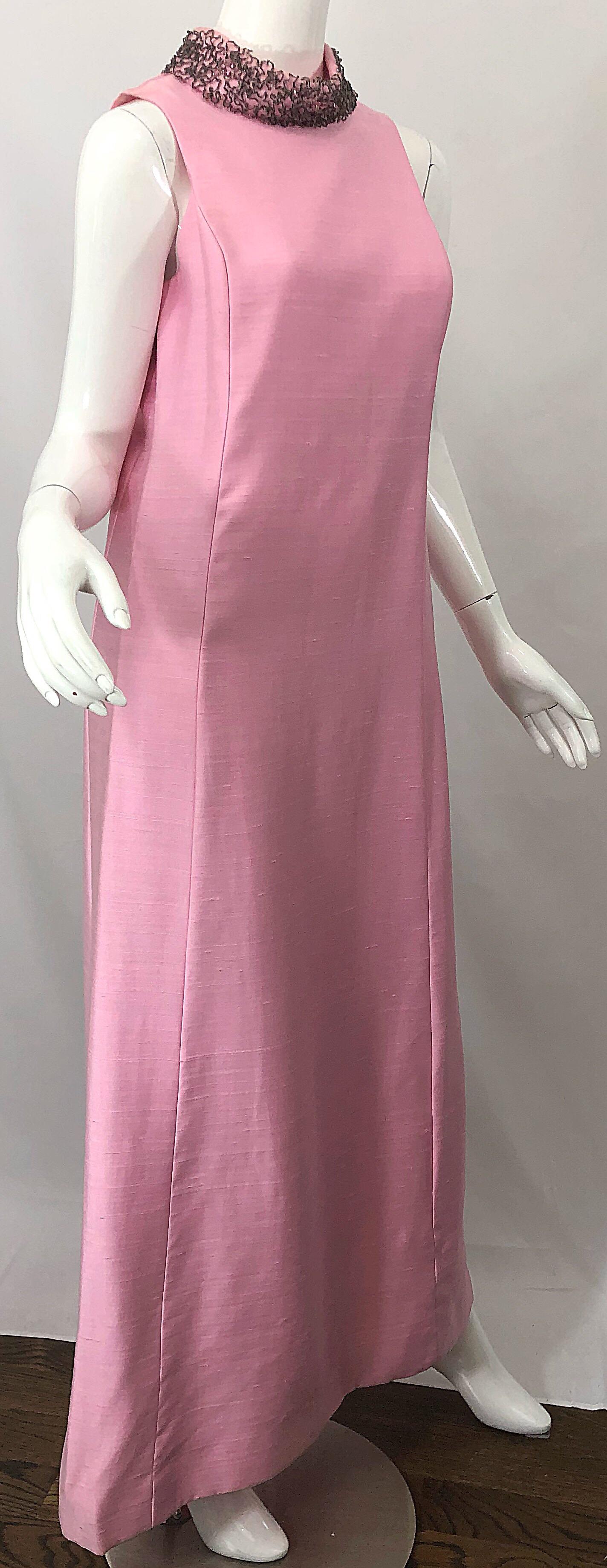 1960s Saks 5th Avenue Light Pink Silk Shantung Beaded Vintage 60s Gown + Jacket For Sale 5