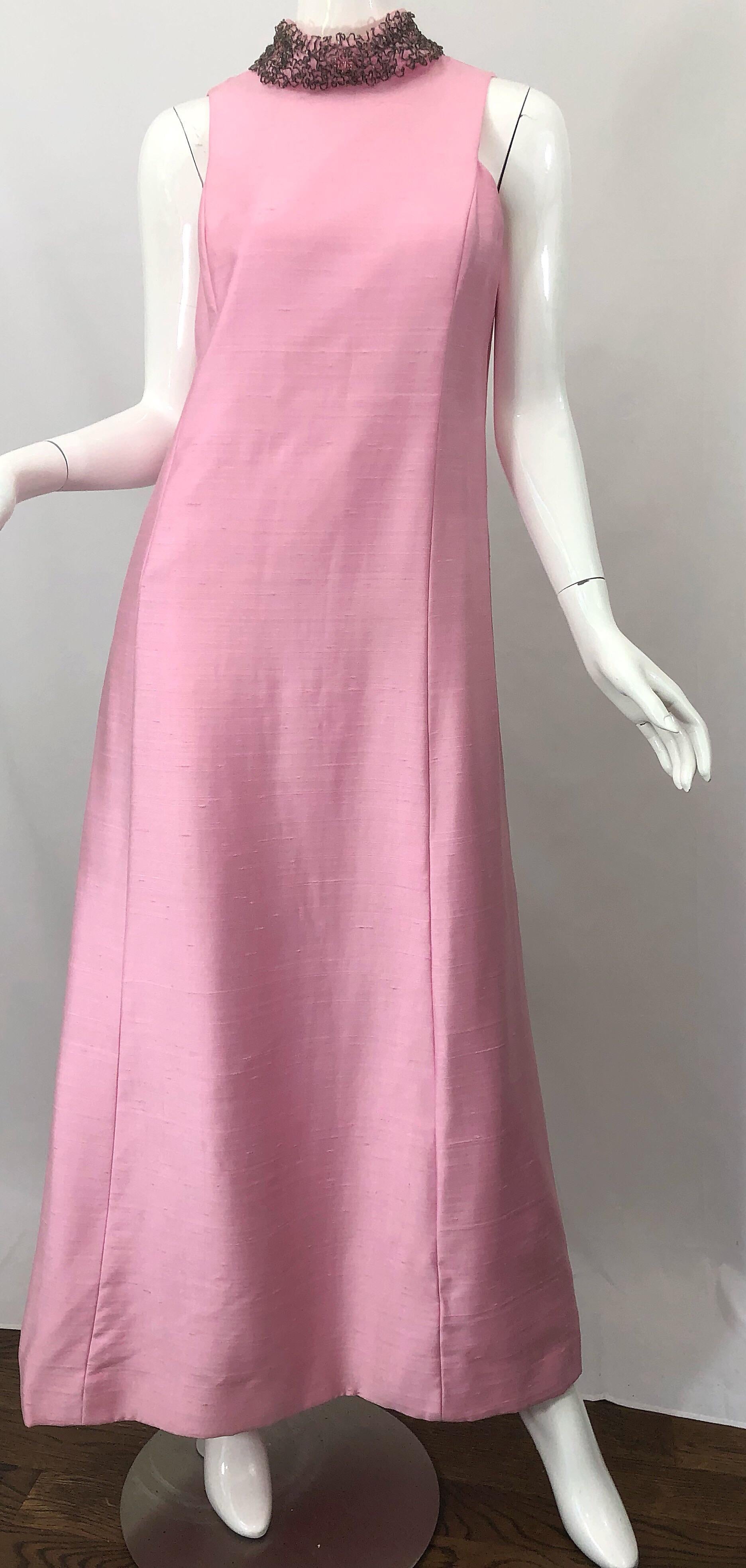 1960s Saks 5th Avenue Light Pink Silk Shantung Beaded Vintage 60s Gown + Jacket For Sale 6
