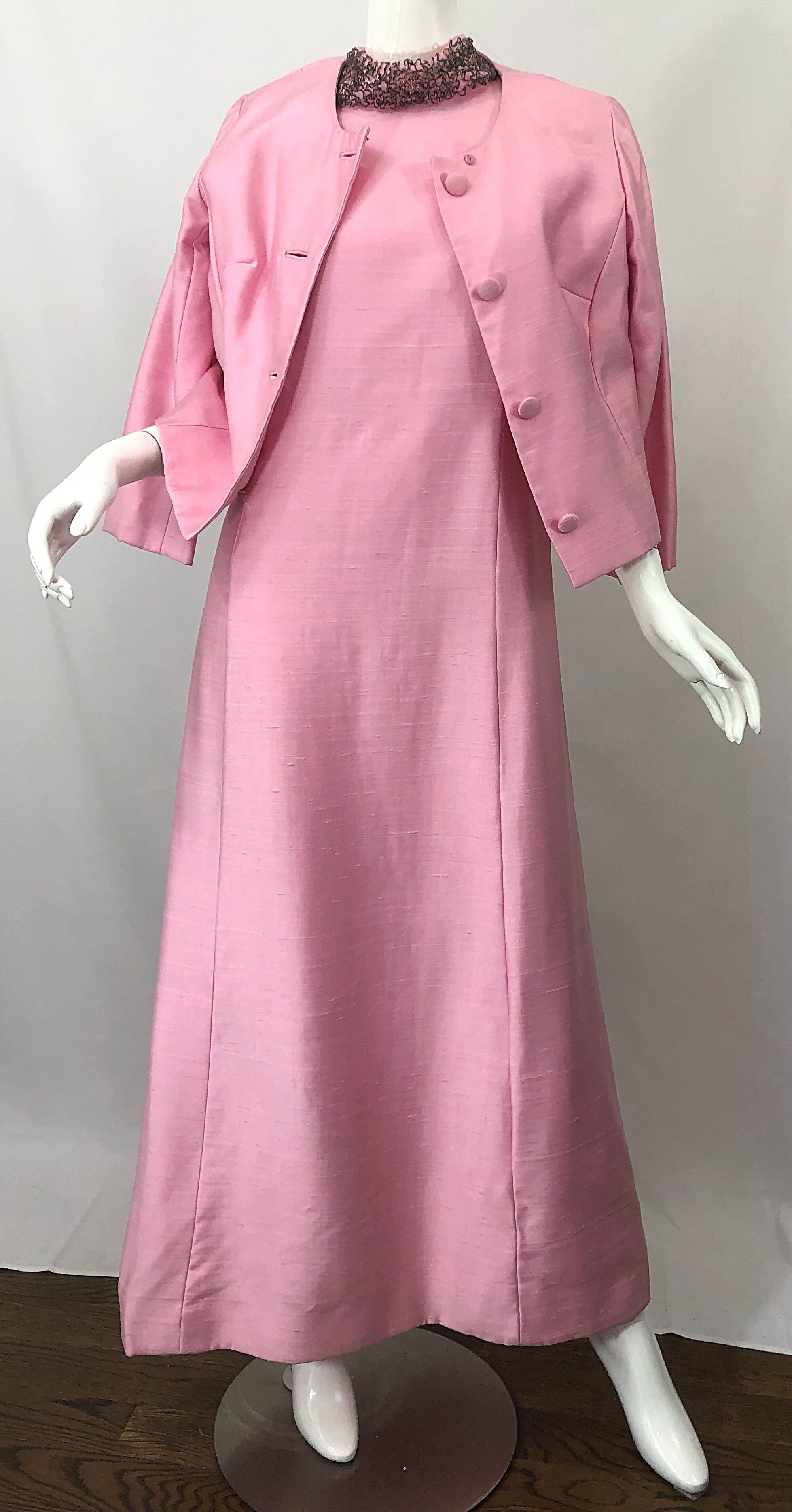 1960s Saks 5th Avenue Light Pink Silk Shantung Beaded Vintage 60s Gown + Jacket For Sale 7