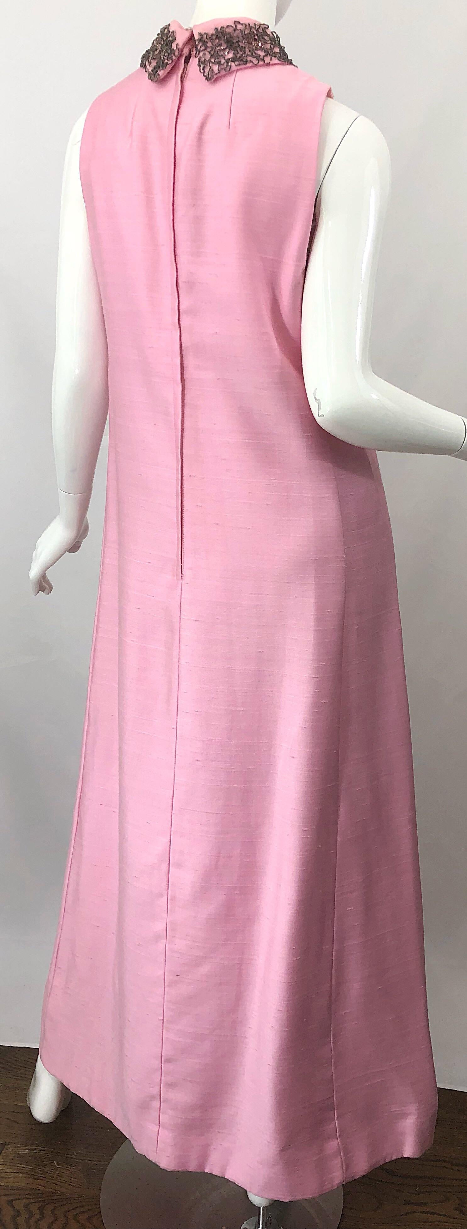 1960s Saks 5th Avenue Light Pink Silk Shantung Beaded Vintage 60s Gown + Jacket For Sale 9