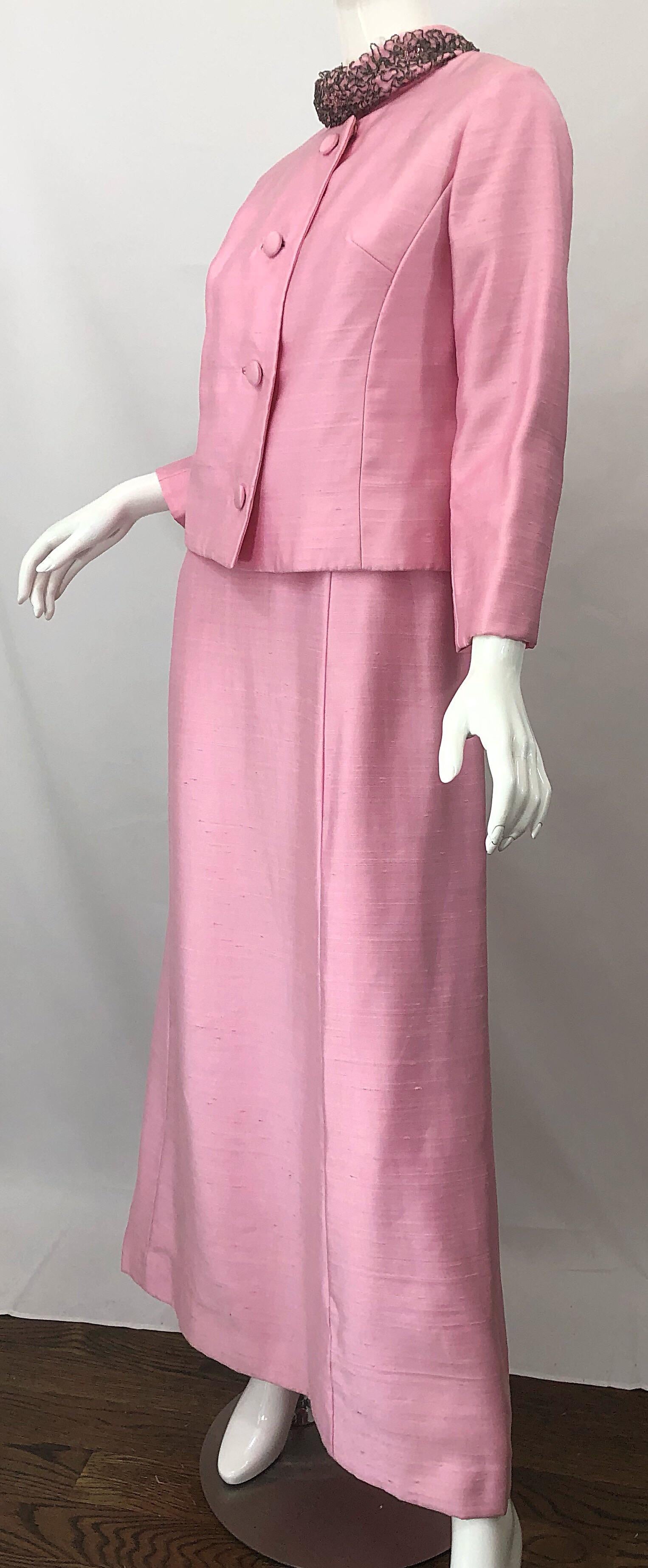 1960er Saks 5th Avenue Hellrosa Seide Shantung Perlen Vintage 60er Jahre Kleid + Jacke im Angebot 12
