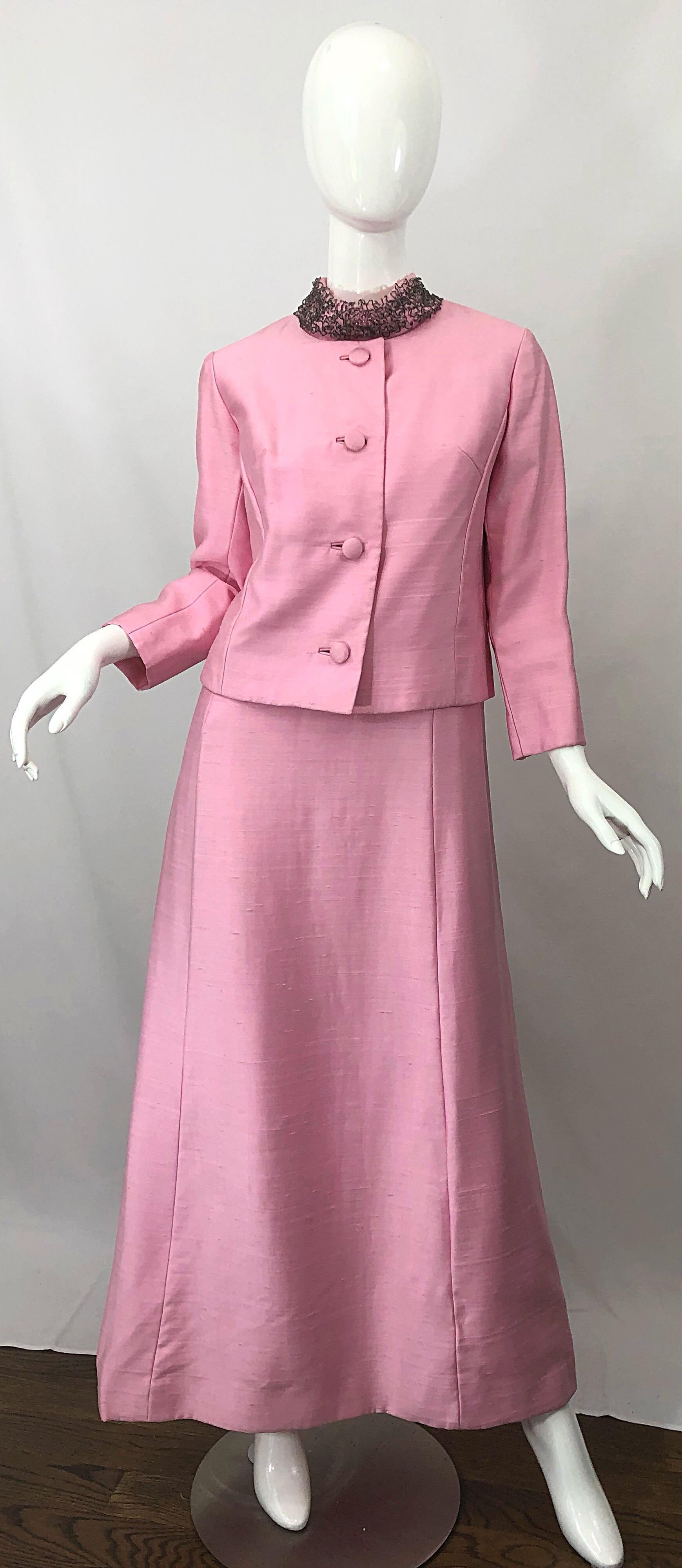 1960er Saks 5th Avenue Hellrosa Seide Shantung Perlen Vintage 60er Jahre Kleid + Jacke im Angebot 13