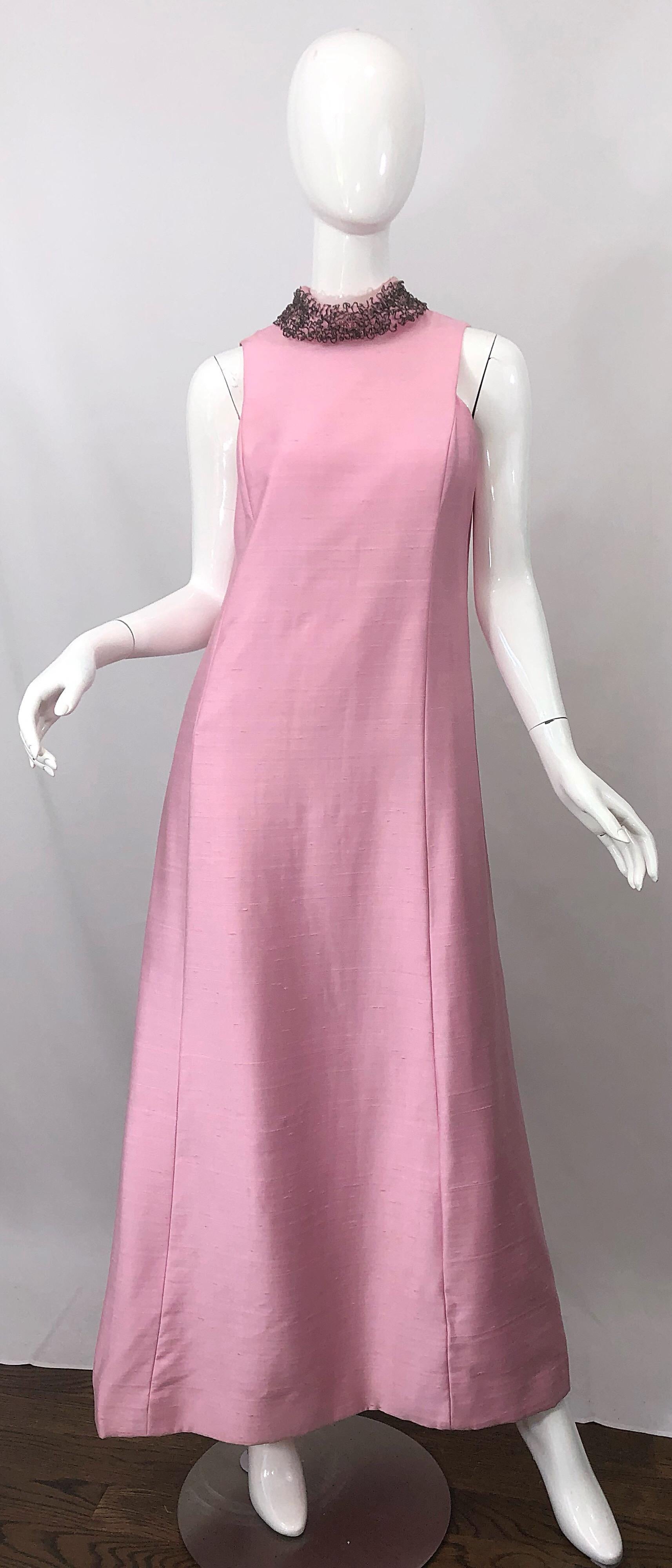Beautiful 1960s SAKS 5th AVENUE light pink silk shantung beaded gown and jacket ensemble! Gown features a fitted bodice with a forgiving full skirt. Collar has hundreds of hand-sewn beads and rhinestones. Tailored jacket has four silk covered