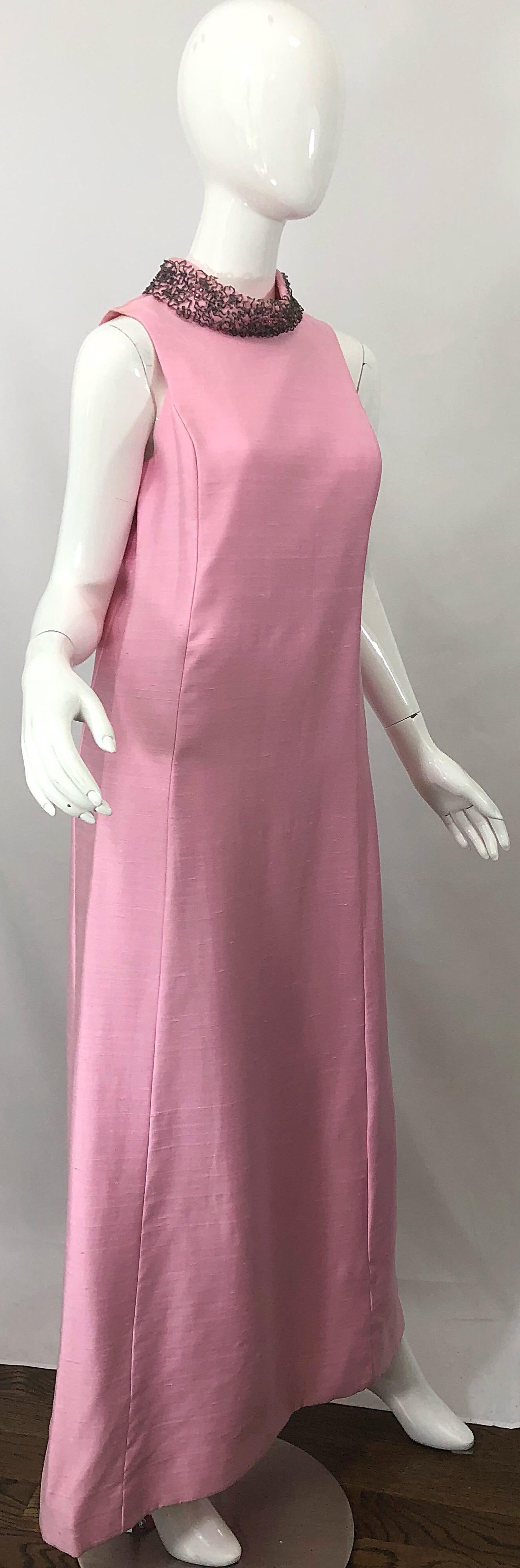 1960s Saks 5th Avenue Light Pink Silk Shantung Beaded Vintage 60s Gown + Jacket In Excellent Condition For Sale In San Diego, CA