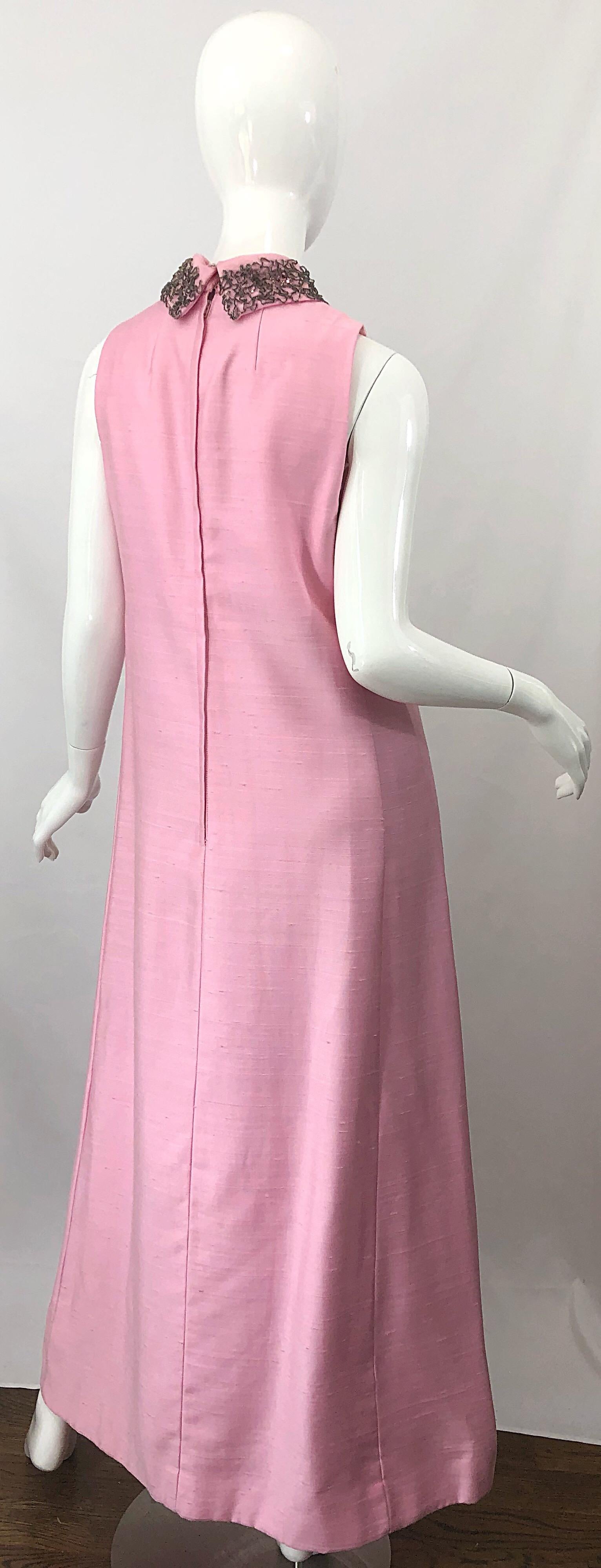 Women's 1960s Saks 5th Avenue Light Pink Silk Shantung Beaded Vintage 60s Gown + Jacket For Sale