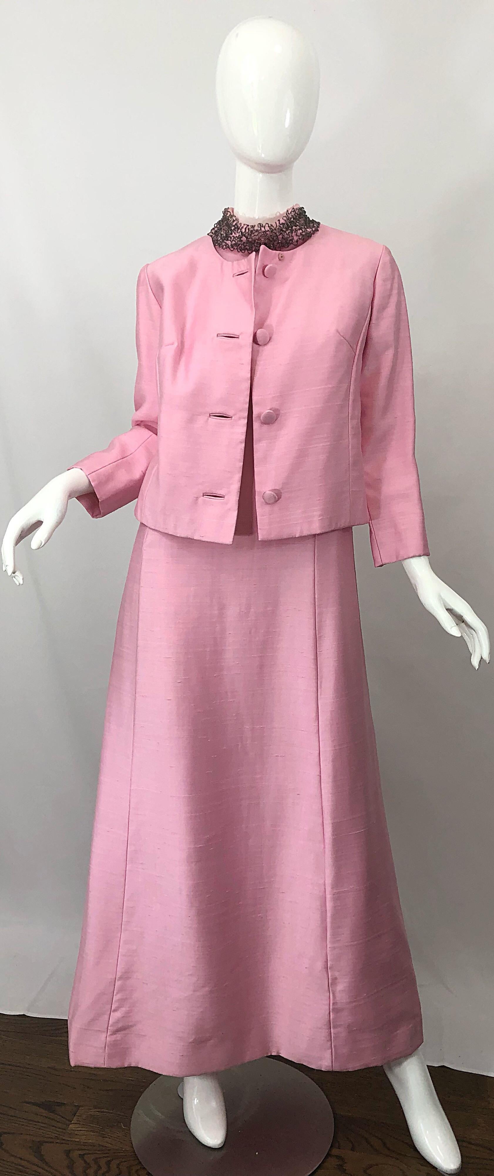 1960s Saks 5th Avenue Light Pink Silk Shantung Beaded Vintage 60s Gown + Jacket For Sale 1