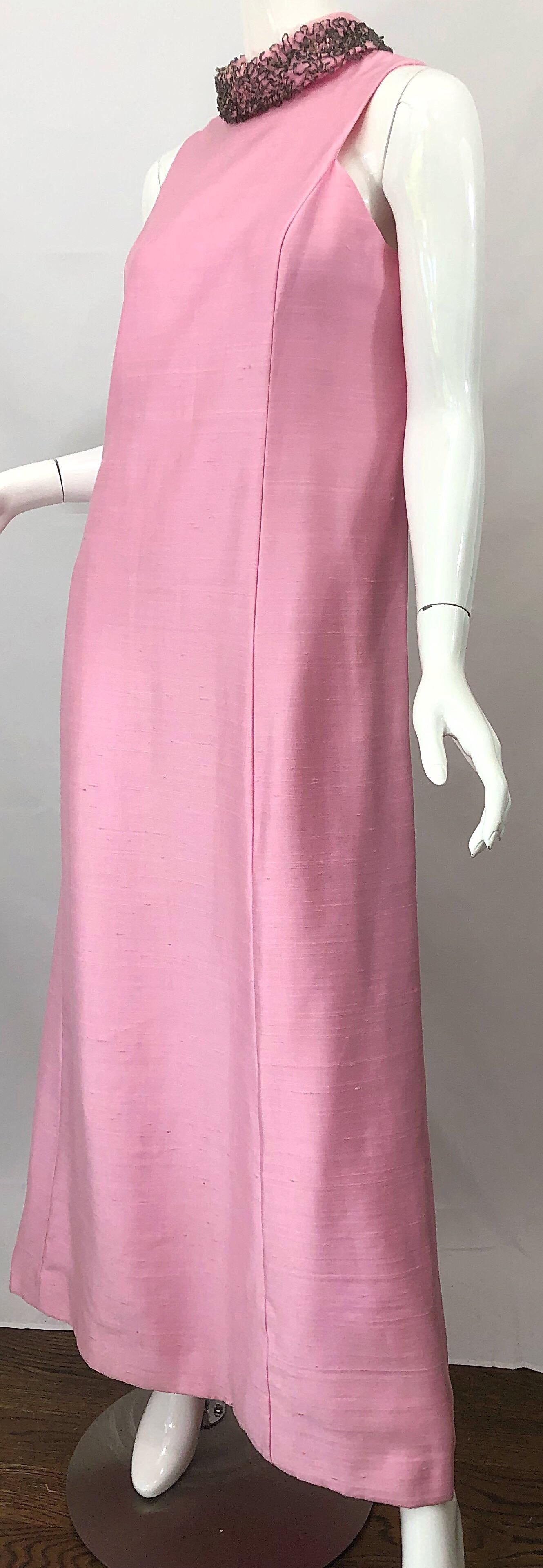 1960s Saks 5th Avenue Light Pink Silk Shantung Beaded Vintage 60s Gown + Jacket For Sale 2