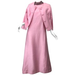 1960s Saks 5th Avenue Light Pink Silk Shantung Beaded Vintage 60s Gown + Jacket