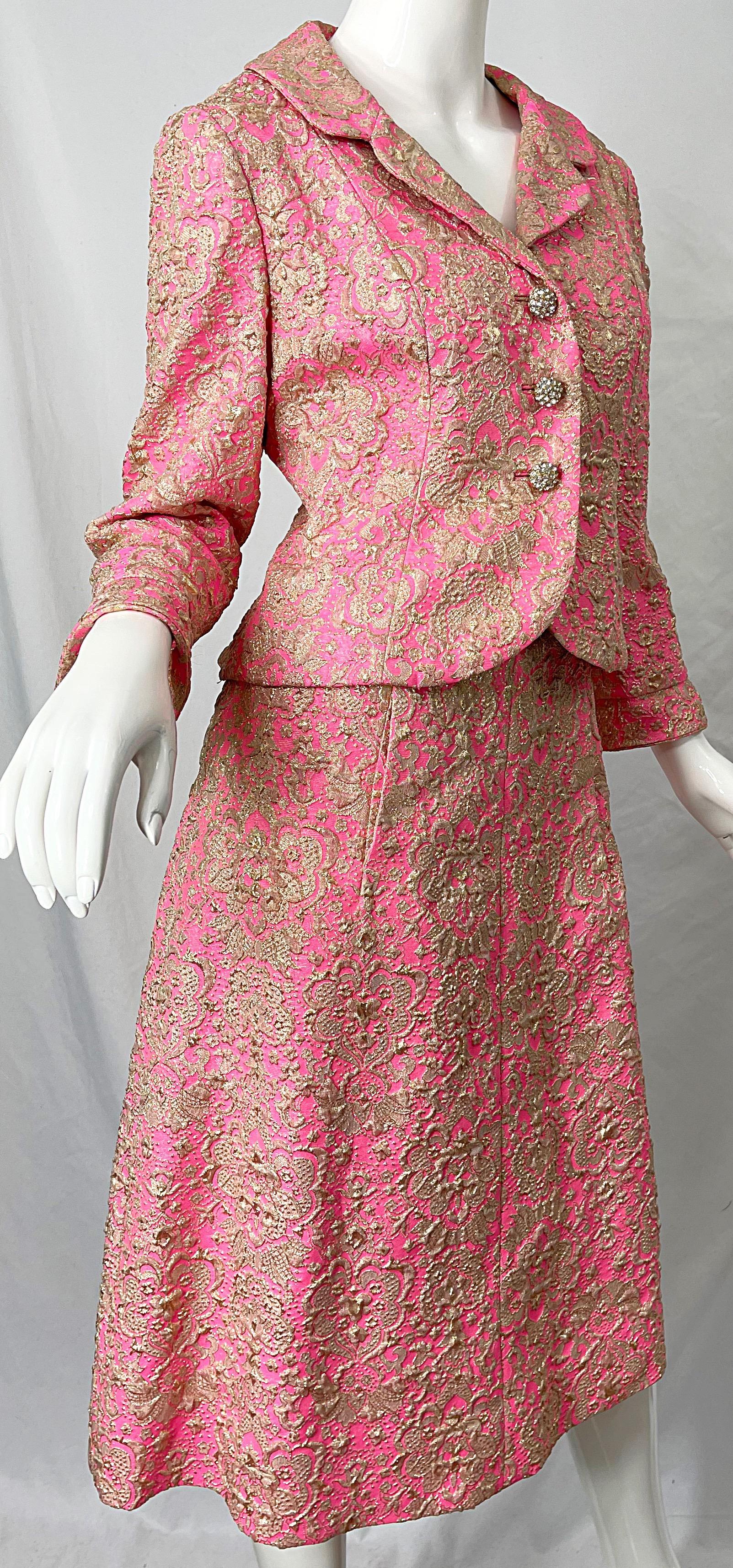 1960s Saks 5th Avenue Pink + Gold Silk Brocade A Line Dress / Jacket 60s Set 3