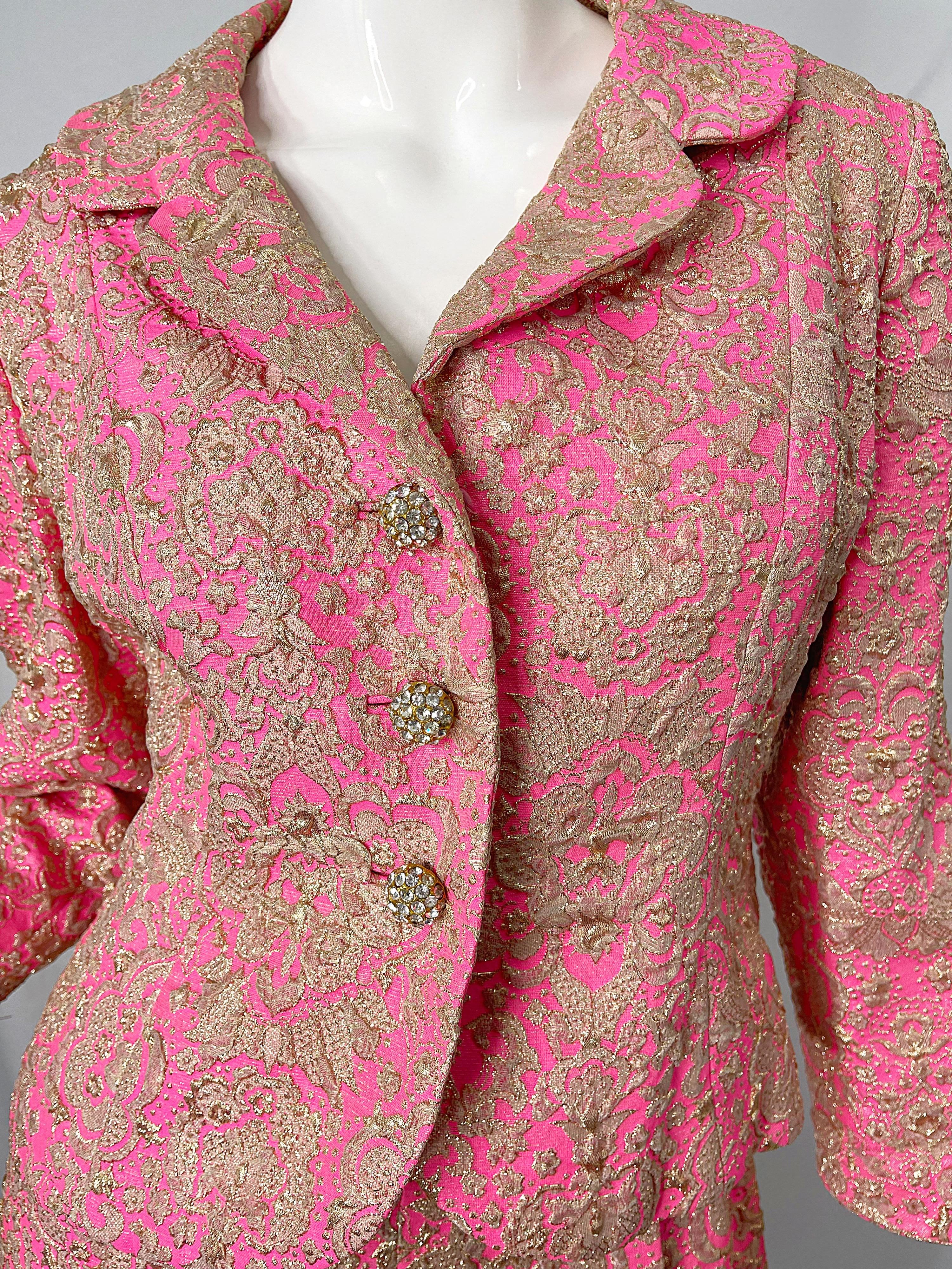 1960s Saks 5th Avenue Pink + Gold Silk Brocade A Line Dress / Jacket 60s Set For Sale 4