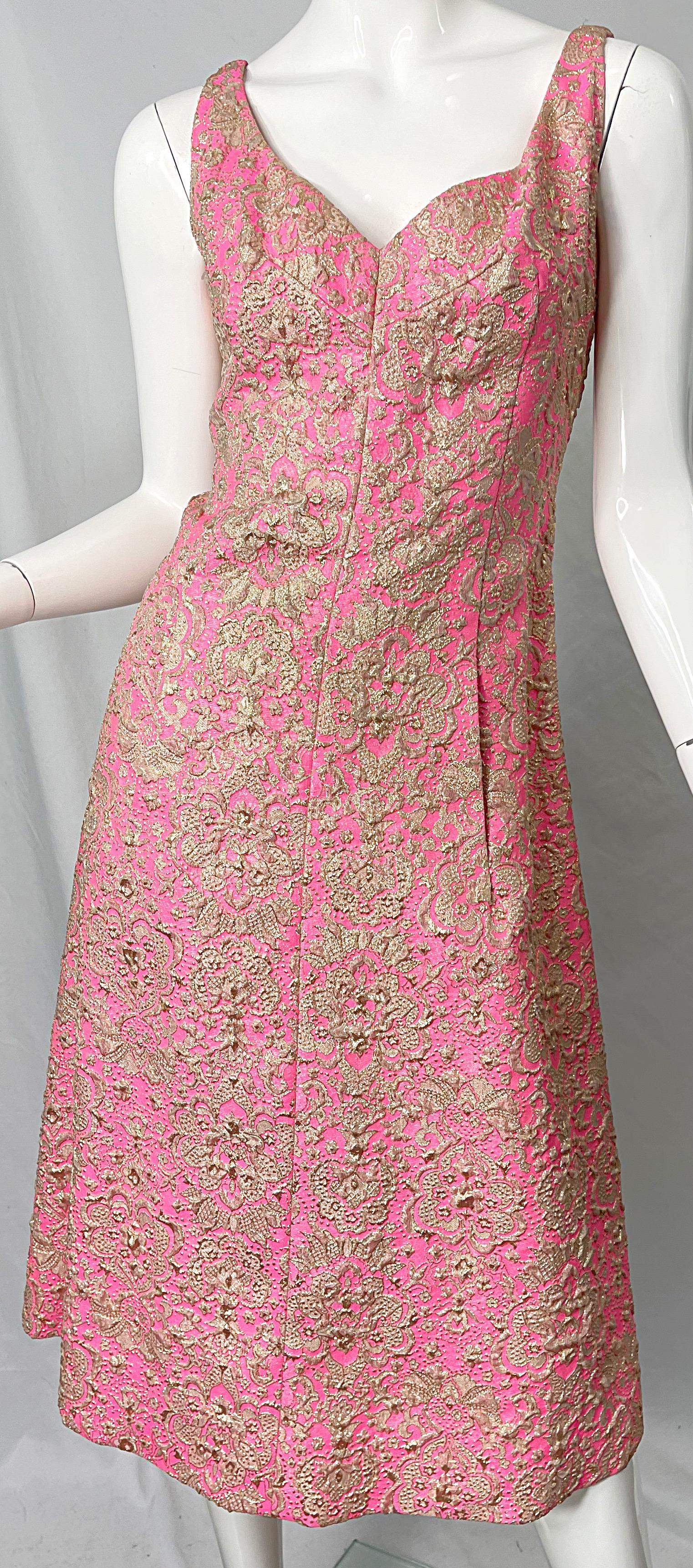 1960s Saks 5th Avenue Pink + Gold Silk Brocade A Line Dress / Jacket 60s Set For Sale 7