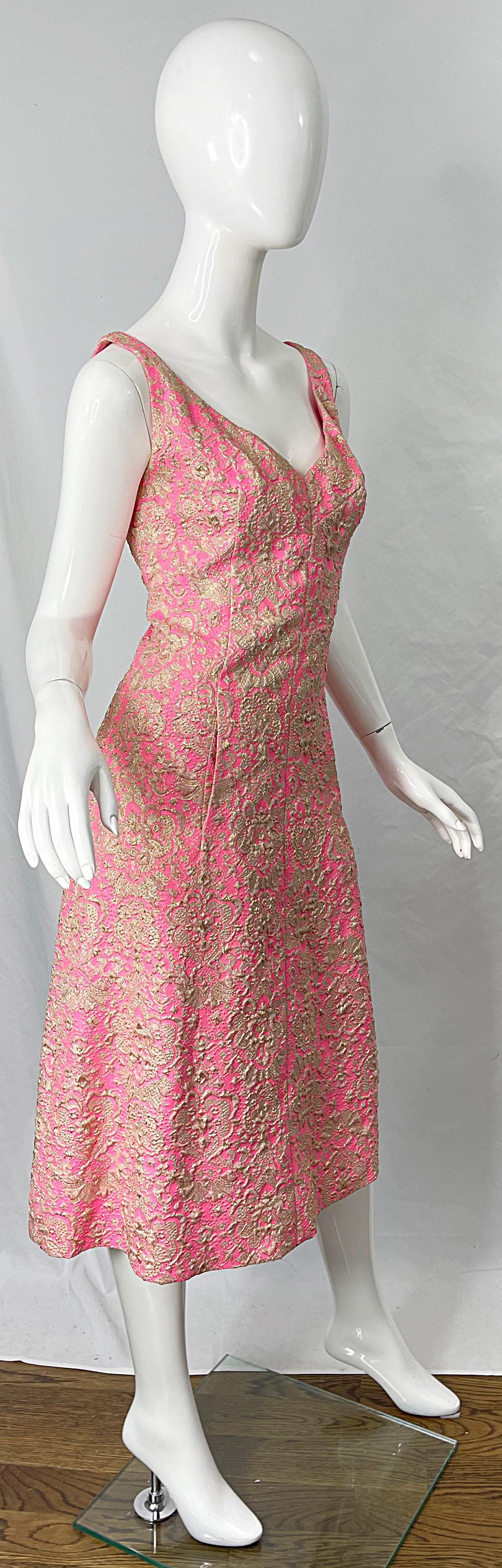 1960s Saks 5th Avenue Pink + Gold Silk Brocade A Line Dress / Jacket 60s Set 8