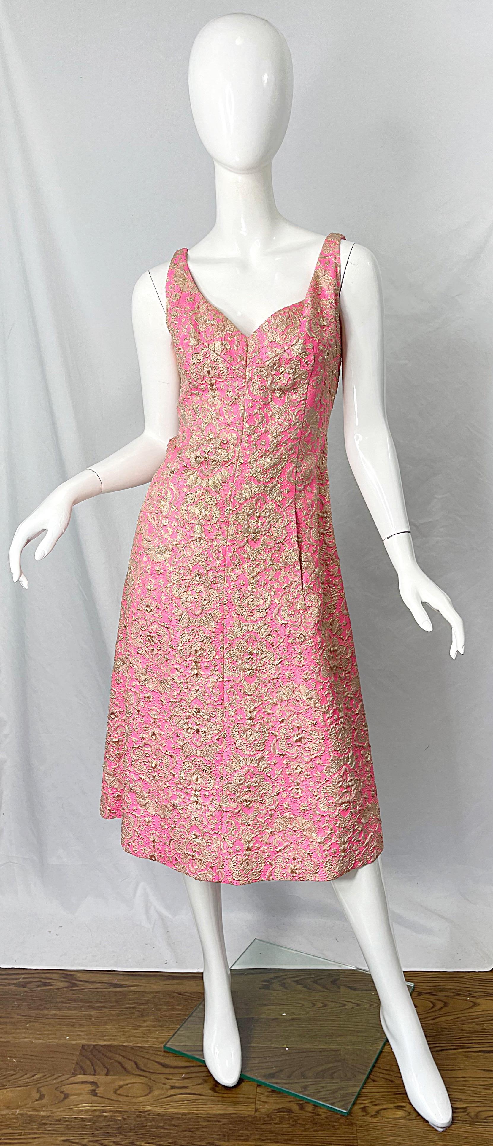 1960s Saks 5th Avenue Pink + Gold Silk Brocade A Line Dress / Jacket 60s Set For Sale 9