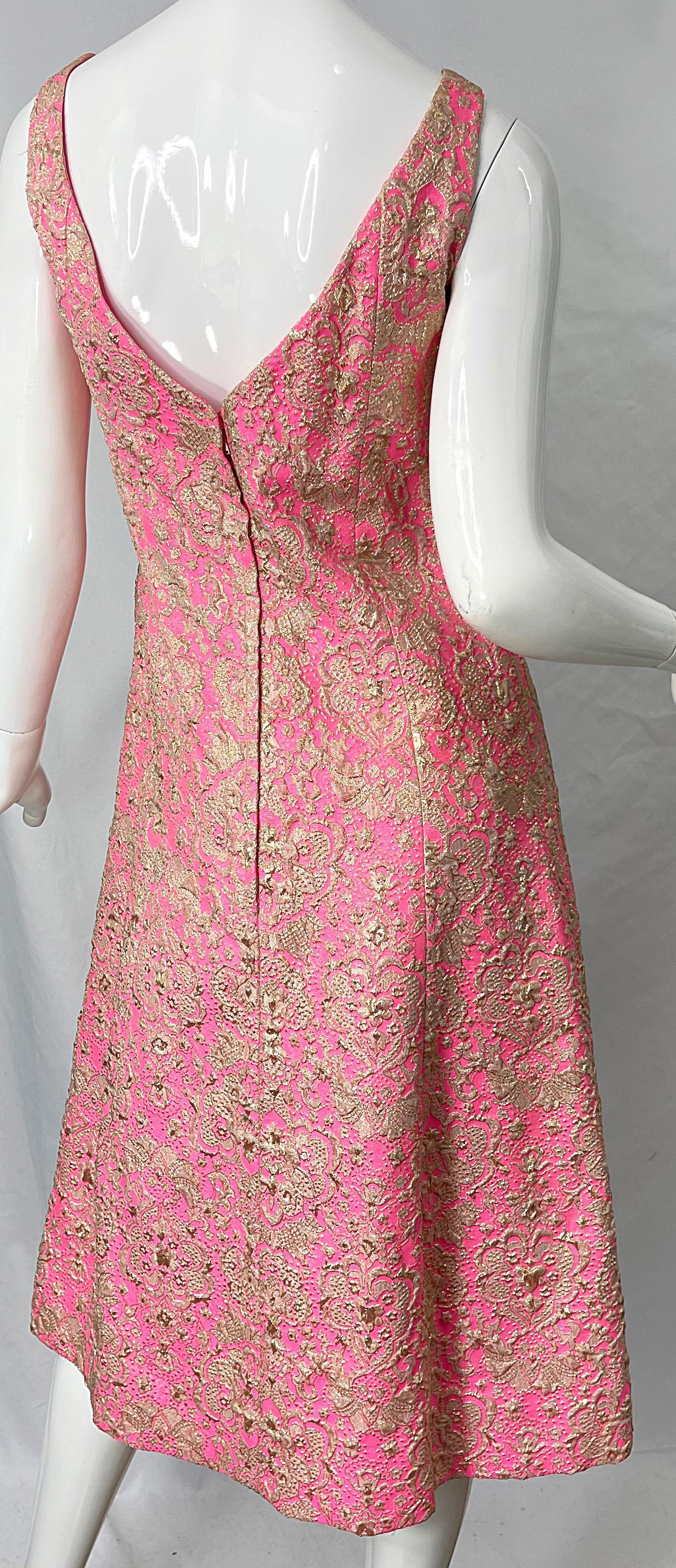 1960s Saks 5th Avenue Pink + Gold Silk Brocade A Line Dress / Jacket 60s Set For Sale 10