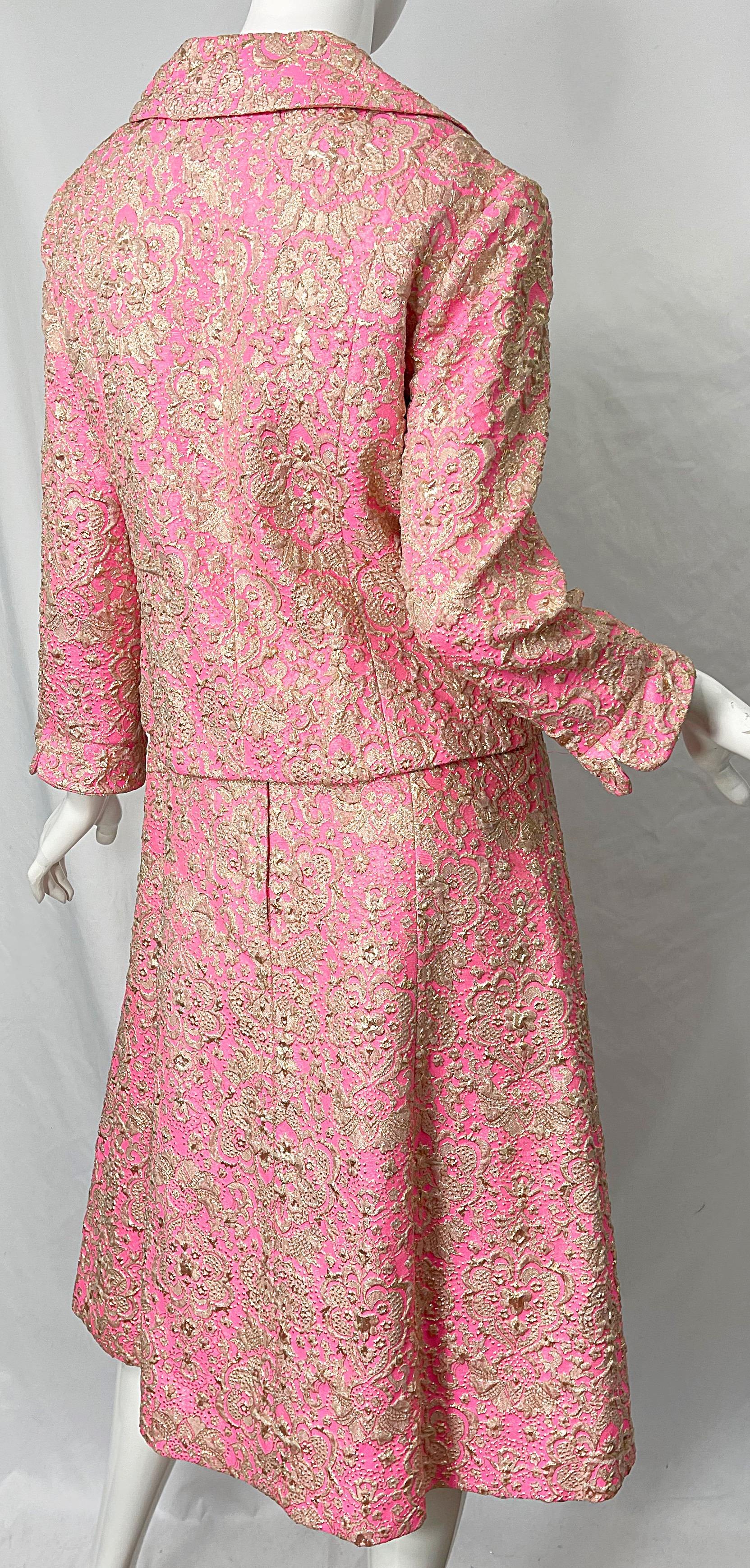 1960s Saks 5th Avenue Pink + Gold Silk Brocade A Line Dress / Jacket 60s Set 11