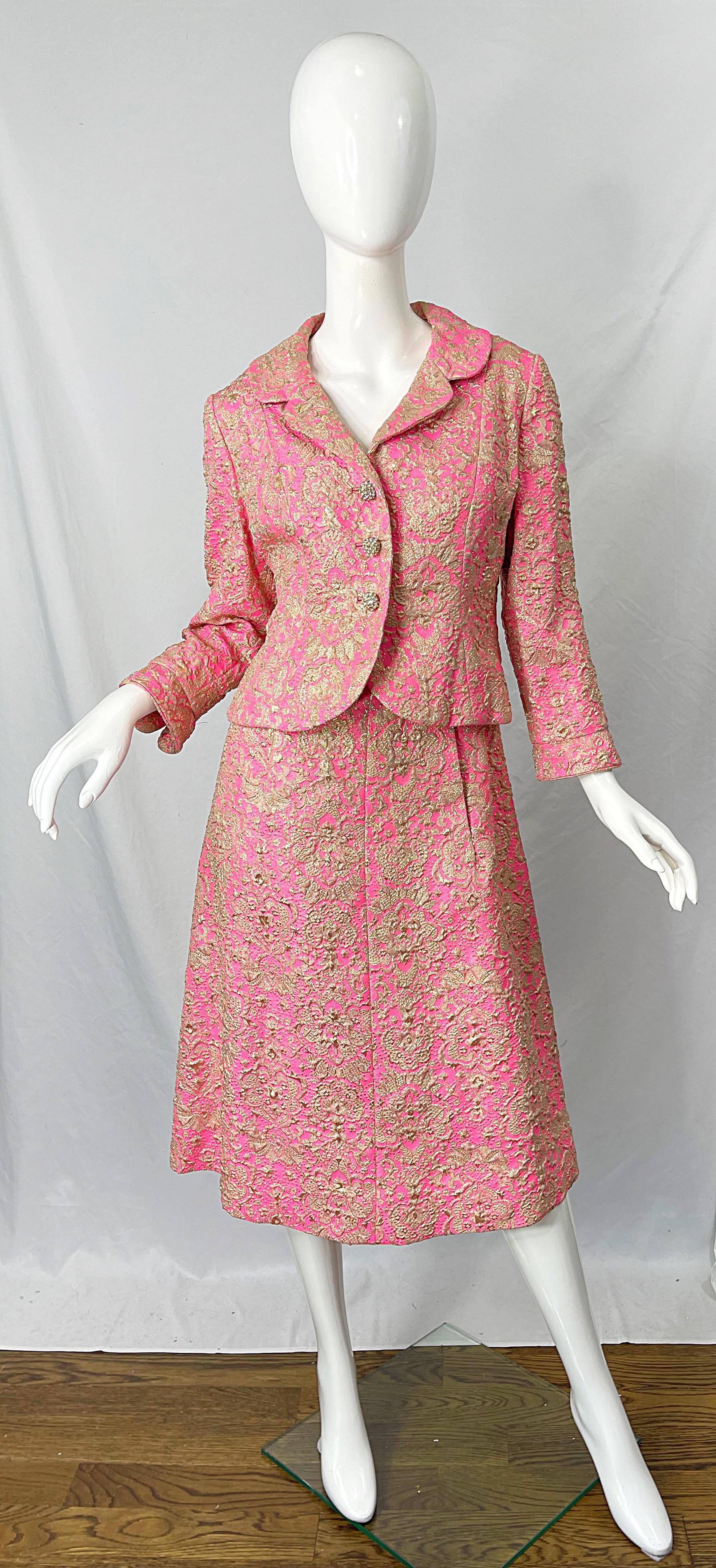 1960s Saks 5th Avenue Pink + Gold Silk Brocade A Line Dress / Jacket 60s Set 12