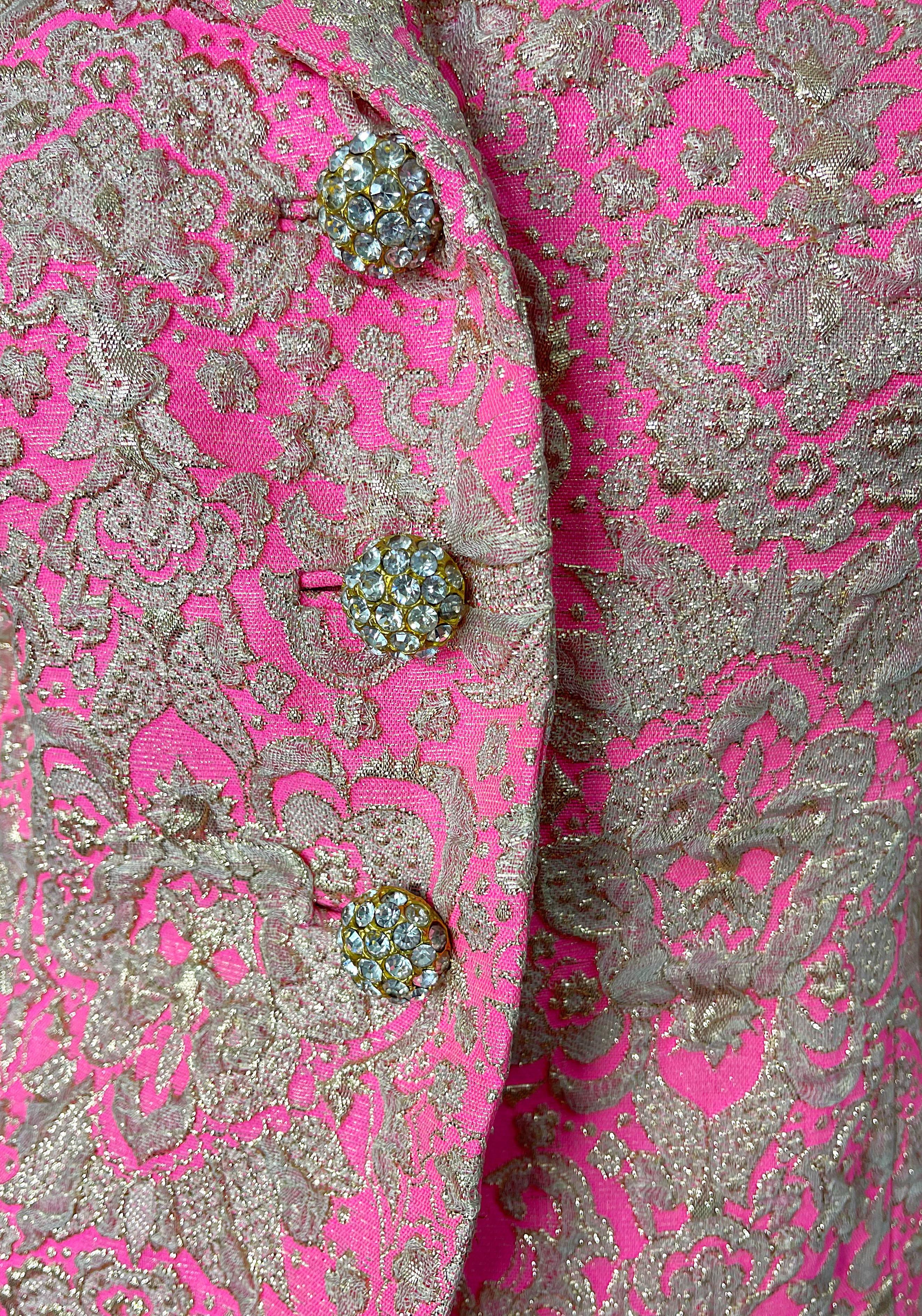 Brown 1960s Saks 5th Avenue Pink + Gold Silk Brocade A Line Dress / Jacket 60s Set